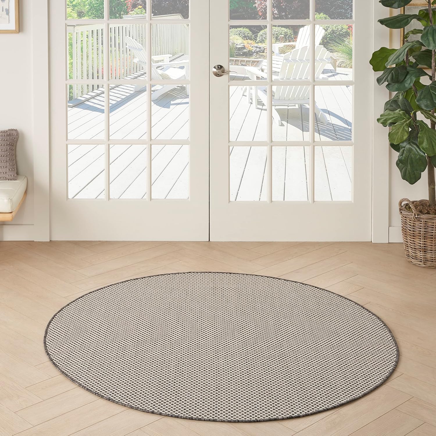 Nourison Home Courtyard Indoor/Outdoor Ivory/Charcoal 4' x Round Area Rug, Easy Cleaning, Non Shedding, Bed Room, Living Room, Dining Room, Backyard, Deck, Patio (4 Round)