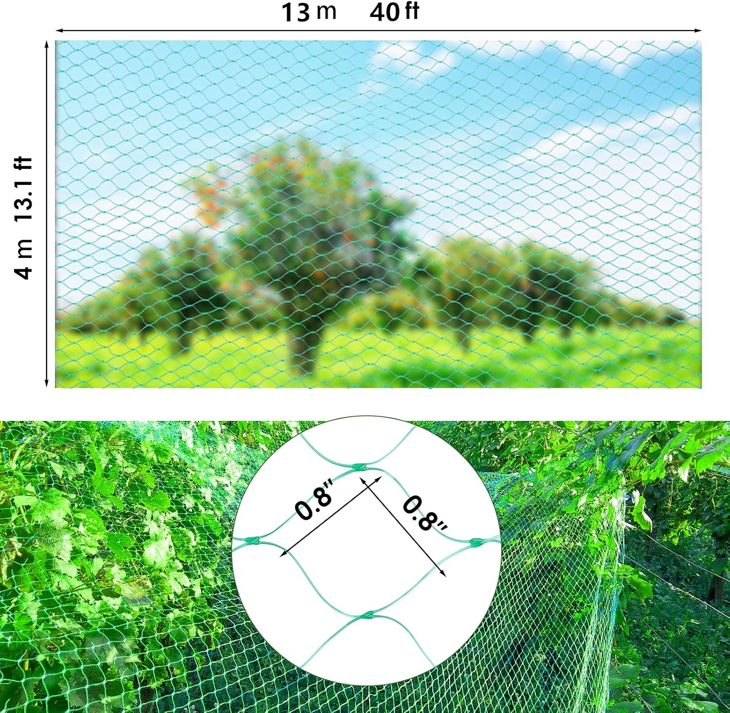 13X40Ft Bird Netting for Garden Protect Vegetable Plants and Fruit Trees,Plastic Trellis Netting for Birds, Deer,Squirrels and Other Animals