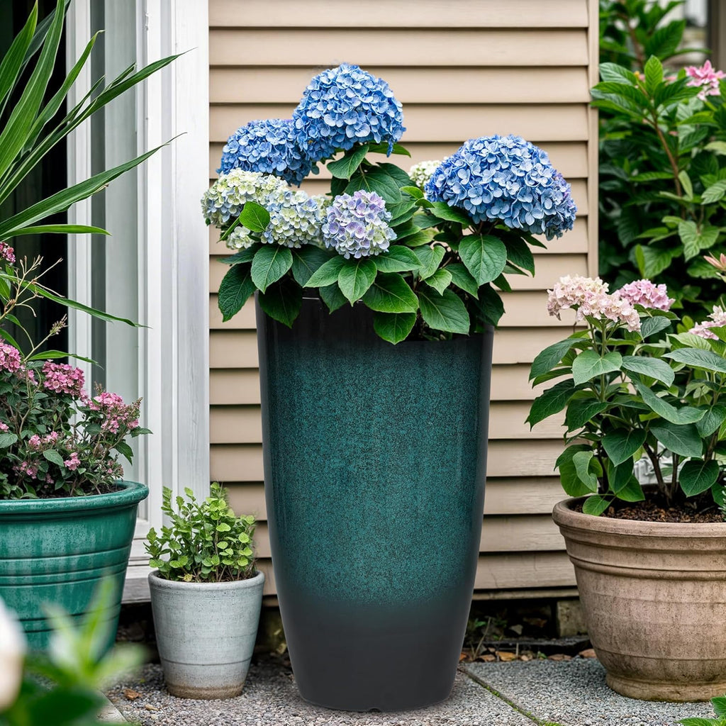 23.6" Set of 2 Tall Outdoor Planters, Gradient Turquoise Plastic Flower Pots, Weatherproof for Porch, Garden, Patio or Indoor Décor