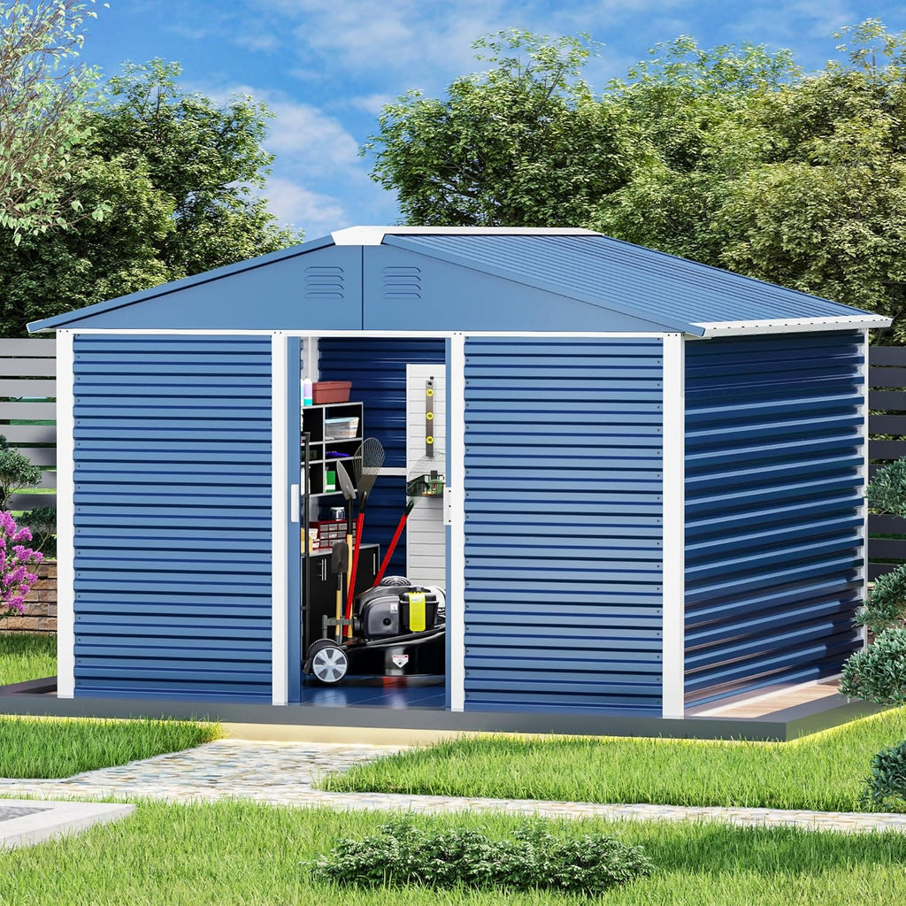 Metal Outdoor Storage Shed 10FT x 10FT, Steel Utility Tool Shed Storage House with Sliding Door, Metal Sheds Outdoor Storage for Backyard Garden Patio Lawn, Blue