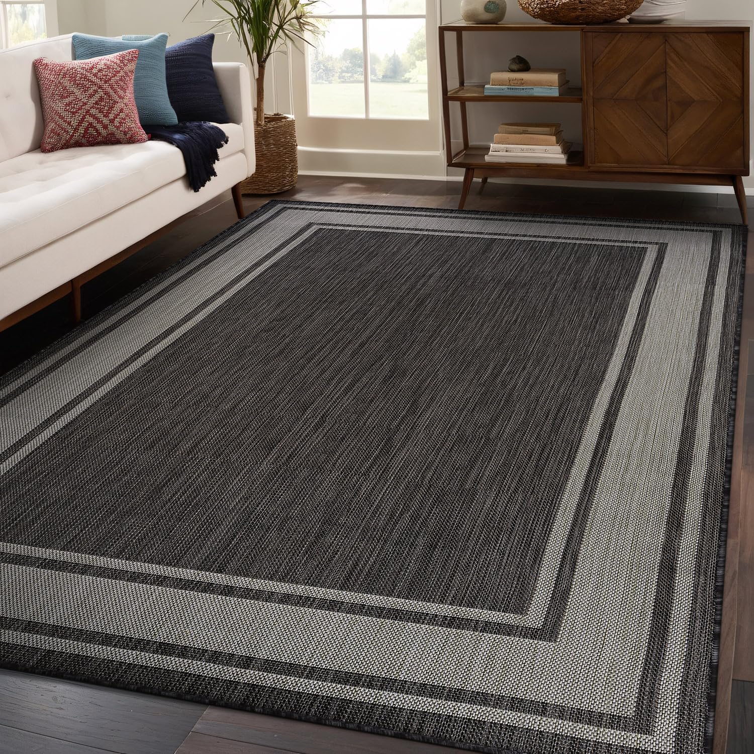 Beverly Rug Large Outdoor Rug 10x14 Modern Bordered Area Rugs for Indoor and Outdoor Patio Deck Porch Garden Waterproof Weather Sun Resistant Washable Outside Carpet (10 x 14 Dark Gray)