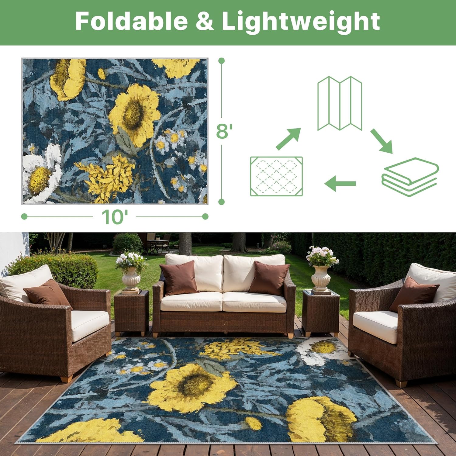 GENIMO Indoor Outdoor Area Rug 8' X 10' Waterproof, Washable Patio Rug Non Shedding, Easy Cleaning Floral Outdoor Carpet for Living Room, Bedroom, Dining Room, Balcony, Deck, RV, Backyard, Blue Yellow