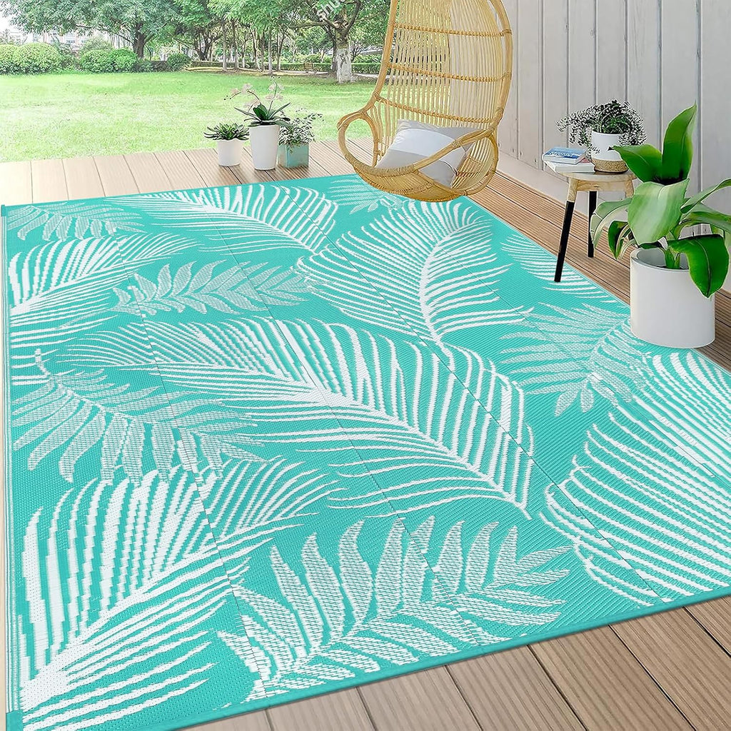 Pauwer Waterproof Outdoor Rug 8x10, Reversible Plastic Straw Patio Camping Rug, Indoor Outdoor RV Mat Carpet for Deck, Camper, Porch, Balcony, Backyard, Picnic, Leaf Light Blue