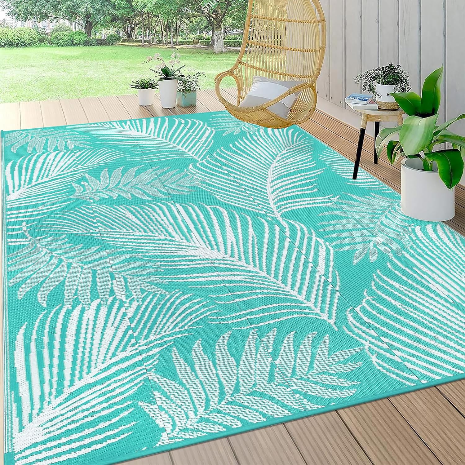 Pauwer Waterproof Outdoor Rug 8x10, Reversible Plastic Straw Patio Camping Rug, Indoor Outdoor RV Mat Carpet for Deck, Camper, Porch, Balcony, Backyard, Picnic, Leaf Light Blue