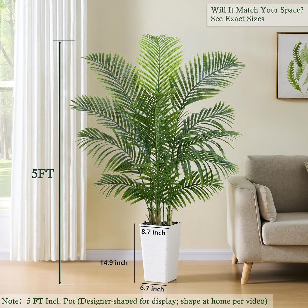 Artificial Palm Tree：5FT Tropical Fake Silk Plant UV Resistant Faux Areca Palm with White Planter & Black Pebbles for Home Office Living Room Decor Indoor Patio Porch Balcony (5FT,1-Pack,White)