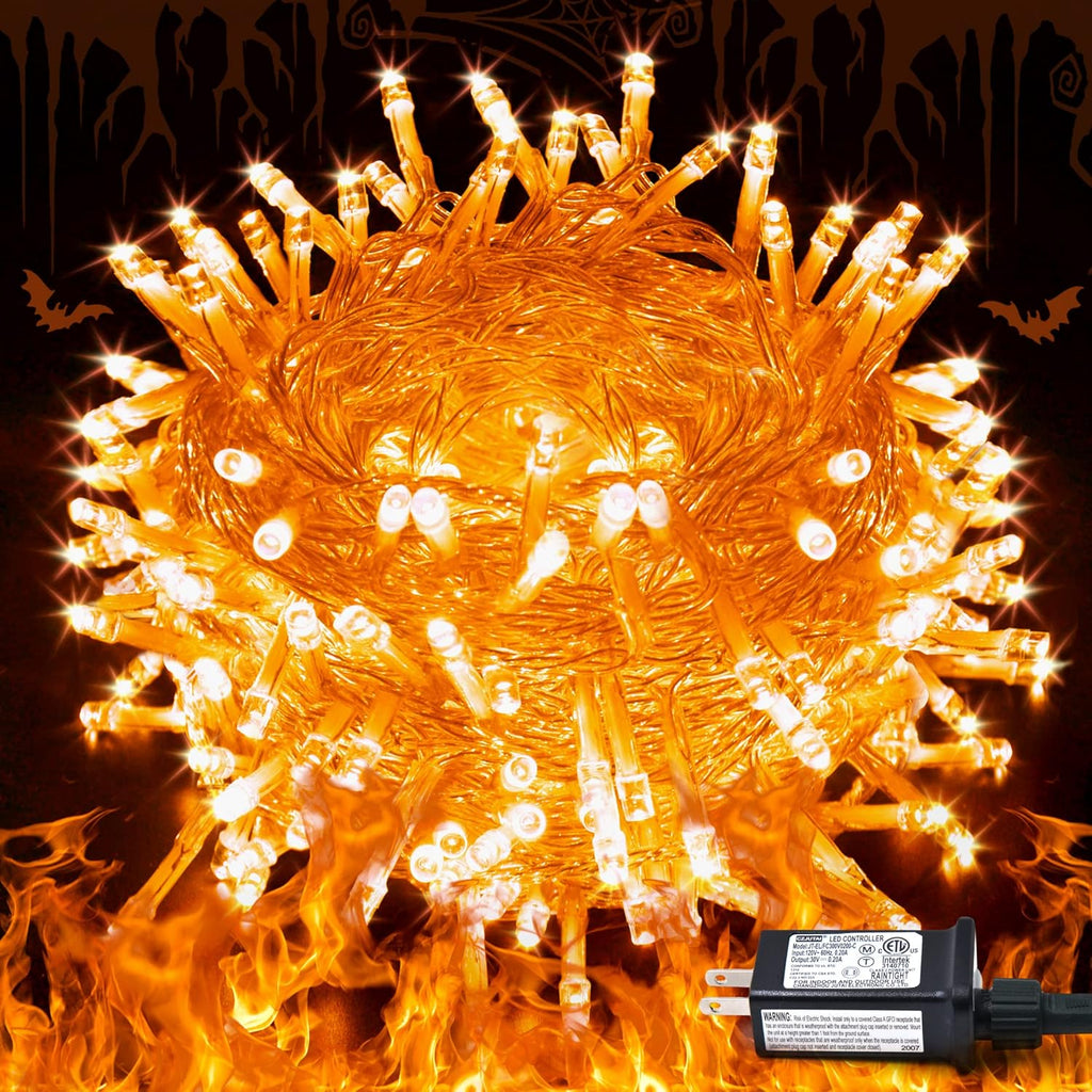 JMEXSUSS Connectable 33ft Halloween Lights Indoor, 100 LED Clear Wire Orange Lights for Halloween, 8 Modes Outdoor Orange Christmas String Light Plug in for Christmas Tree Party Decoration