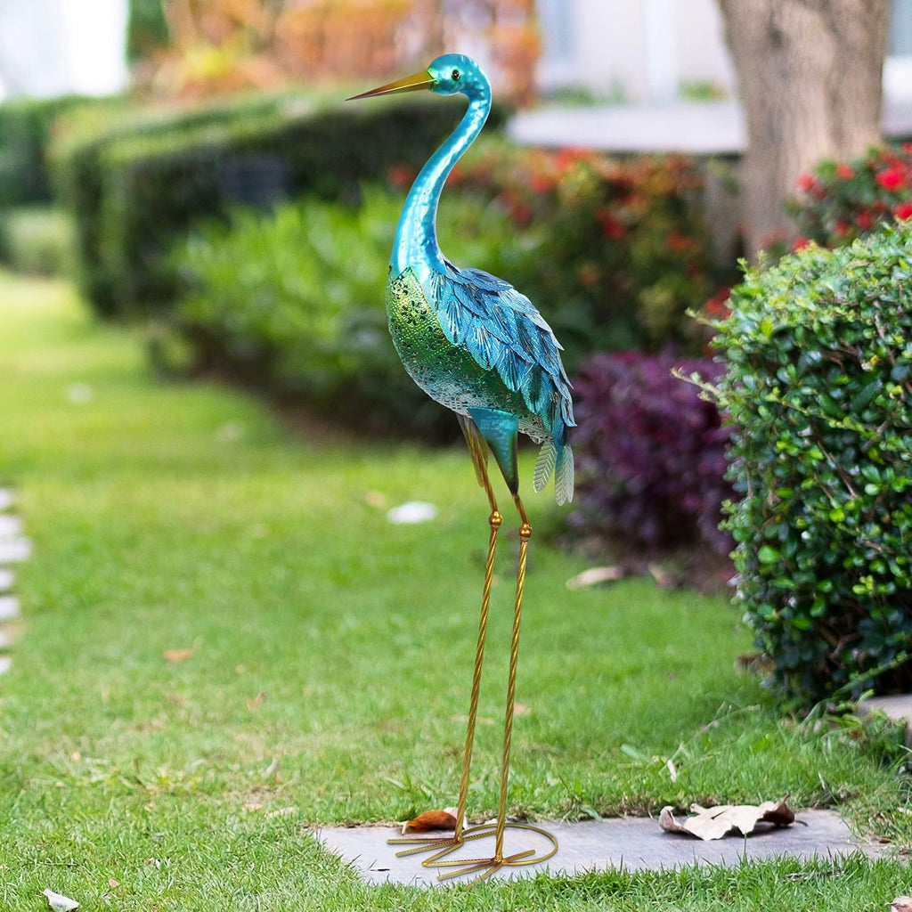 Exhart Garden Sculpture, Blue Coastal Crane Garden Statue, Outdoor Garden Decoration with Stamped Metal Details, 13 x 7 x 38.5 Inch