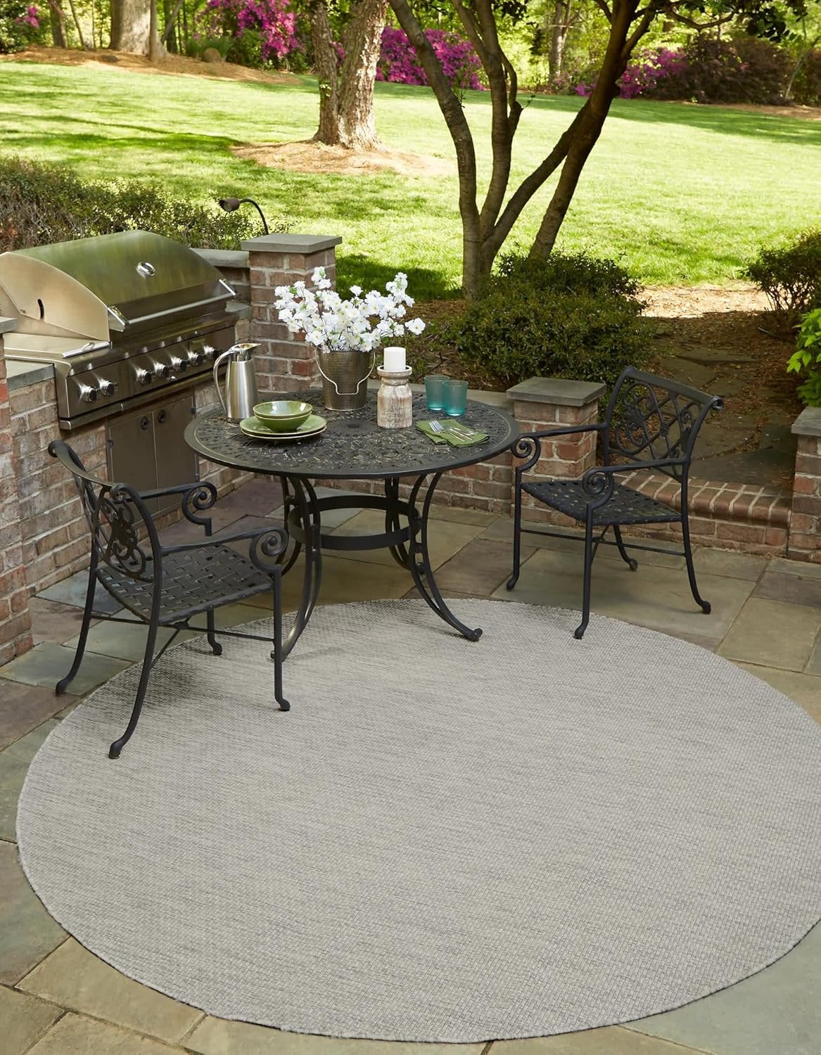Unique Loom Collection Casual Transitional Solid Heathered Indoor/Outdoor Flatweave Area Rug (8' Round, Light Gray/Ivory)