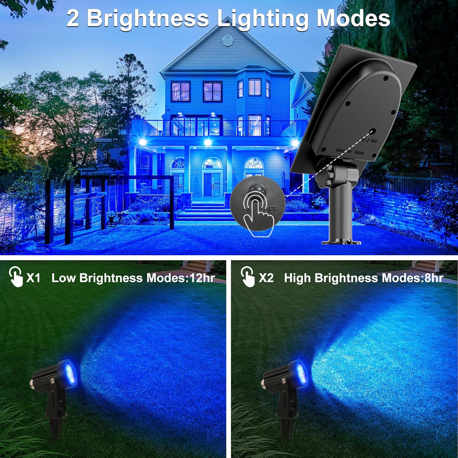 Blue Solar Spot Lights Outdoor,2 Pack Solar Landscape Spotlights IP65 Waterproof 9.8ft Cable, Auto On/Off Outdoor Wall Lights for Garden Yard Driveway Porch Walkway Pool (1-in-1)
