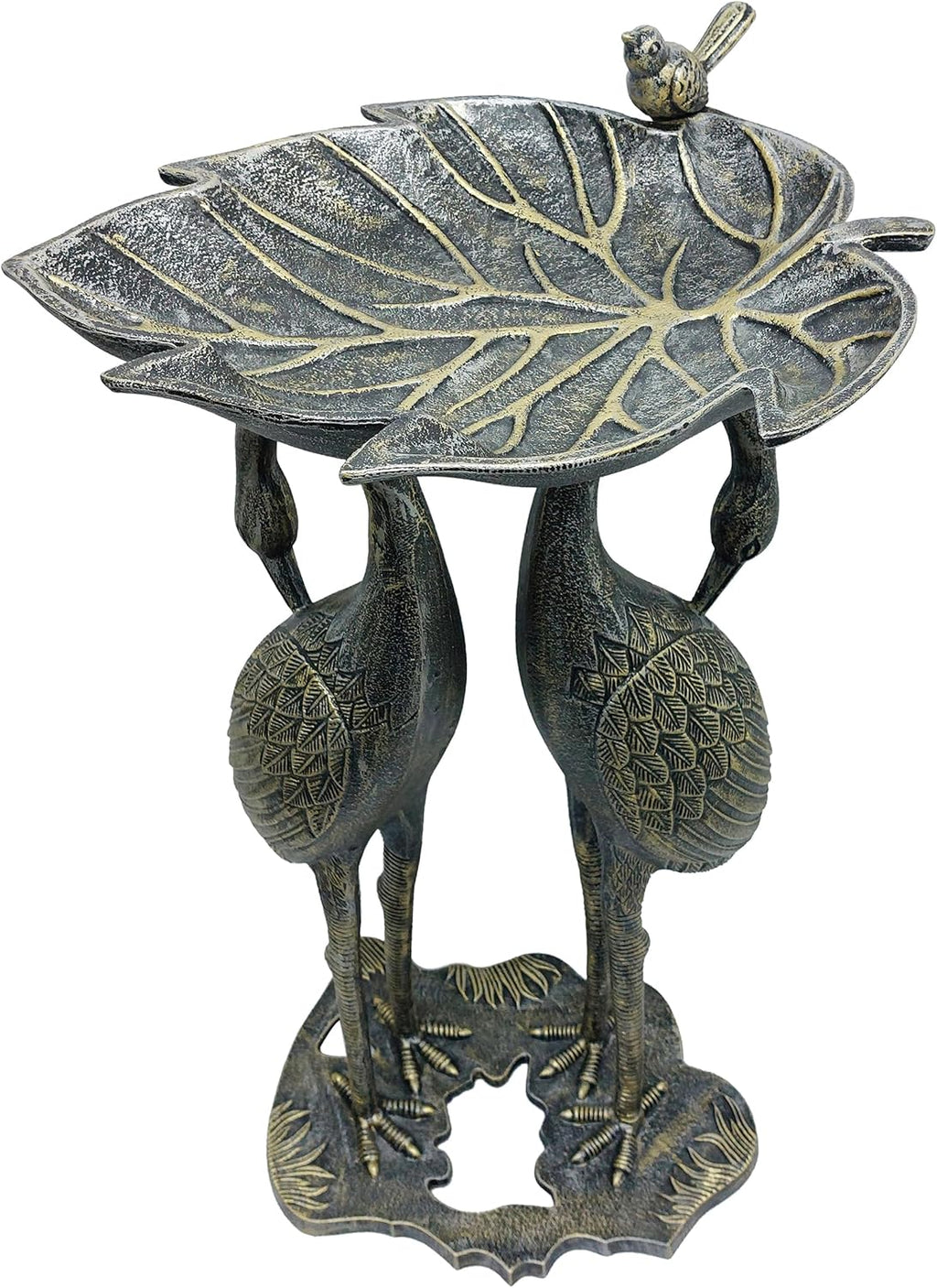 Oakland Living Cast Aluminum 30-in Twin Crane Silver Gold Bird Bath with Leaf Bowl