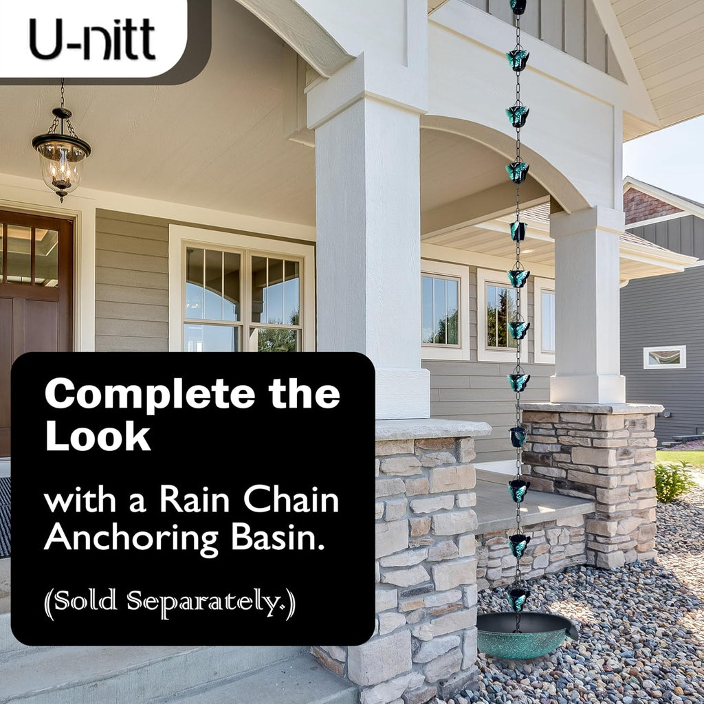 Rain Chain Water Collection for Gutters, Rainwater Catcher & Diverter, 8.5 FT Chains for Outside Garden, Butterfly Bucket Cups, Roof Downspout, Works with Heavy Rain, w/ Gutter Clip for Rainchains