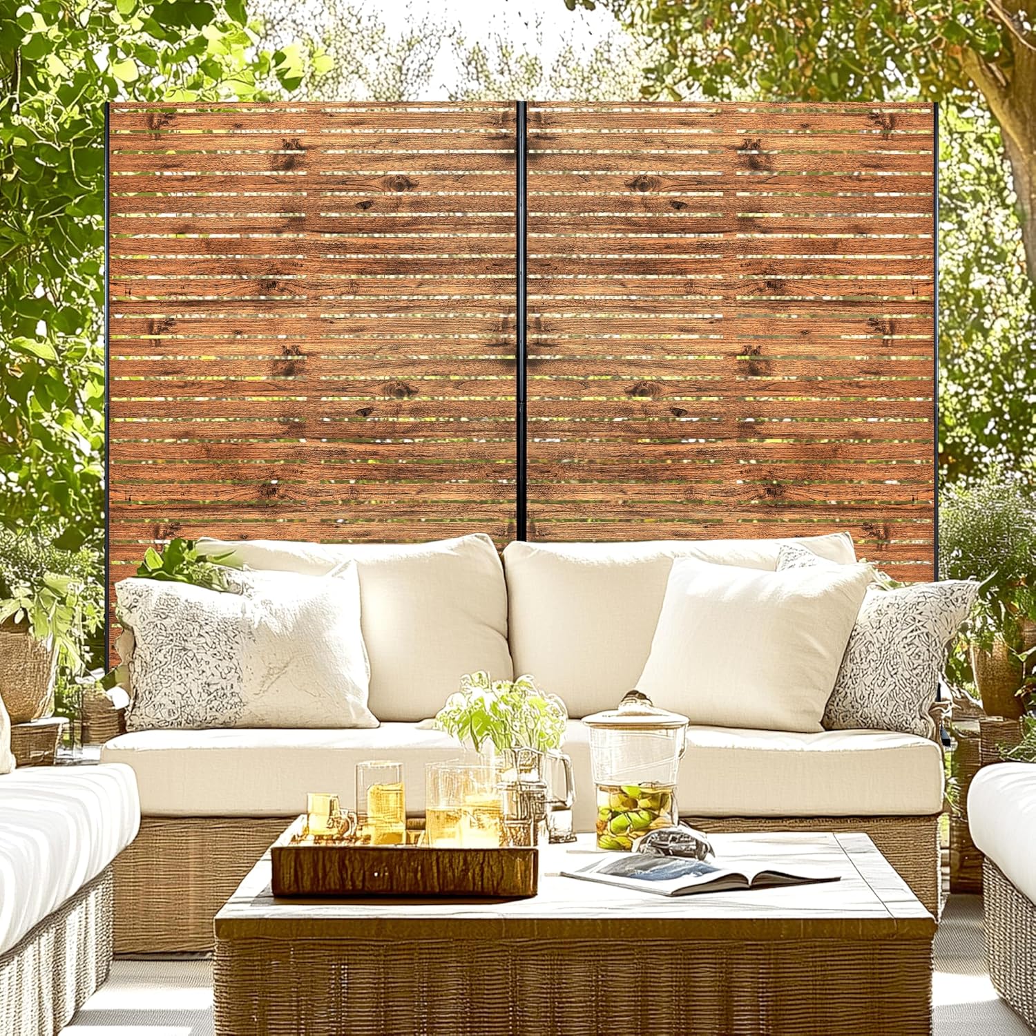 Metal Privacy Screen, 72" H×47" W Outdoor Privacy Screen, Freestanding Decorative Privacy Screen for Deck Balcony Patio, Natural Wood Brown