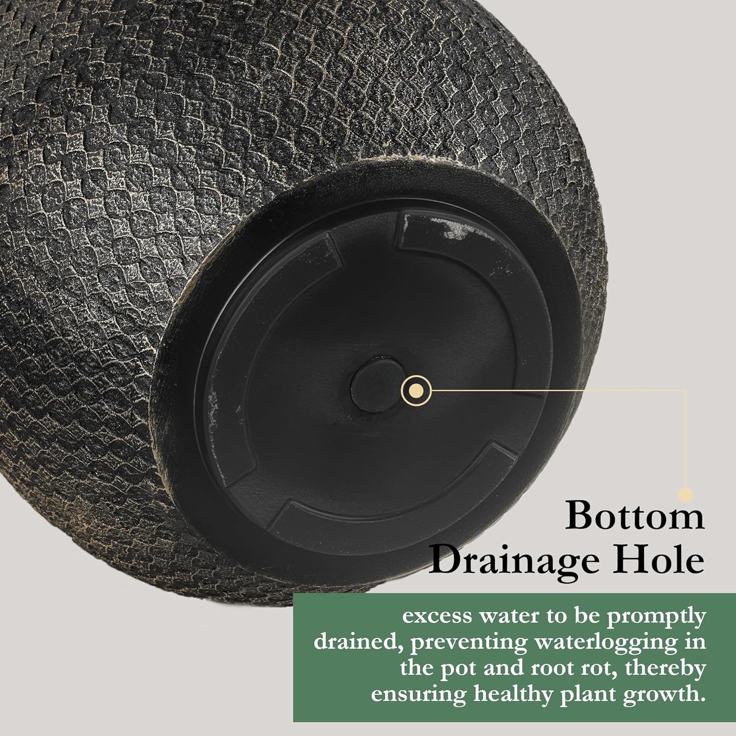 Worth Garden Large Round Planter – 14.5" Dia x 17.5" H Lightweight Magnesium Oxide Cement Plant Pot with Texture – Raised Pattern Concrete Look – Drainage Hole – Indoor & Outdoor Use - Black Gold