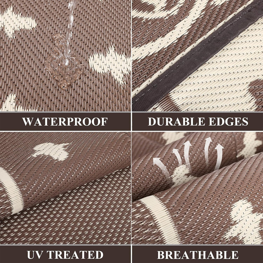 Pauwer Waterproof Outdoor Rug 10x14, Reversible Plastic Straw Patio Camping Rug, Indoor Outdoor RV Mat Carpet for Deck, Camper, Porch, Balcony, Backyard, Picnic, Bordered Brown