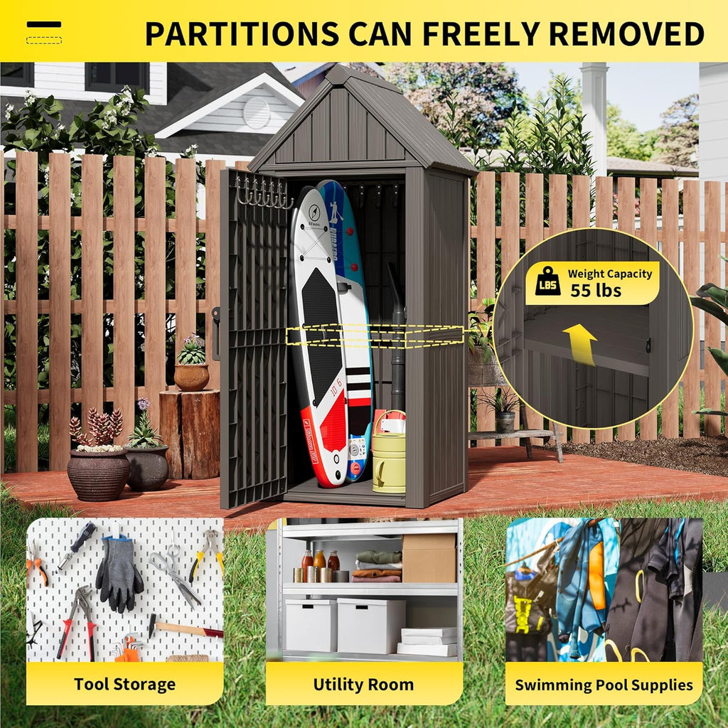 Outdoor Resin Storage Shed, Upgrade Durable Storage Cabinet with Removable Shelves and Lock Ring, Reinforced Floor, All-Weather Construction for Garden Patio Lawn (Gray)