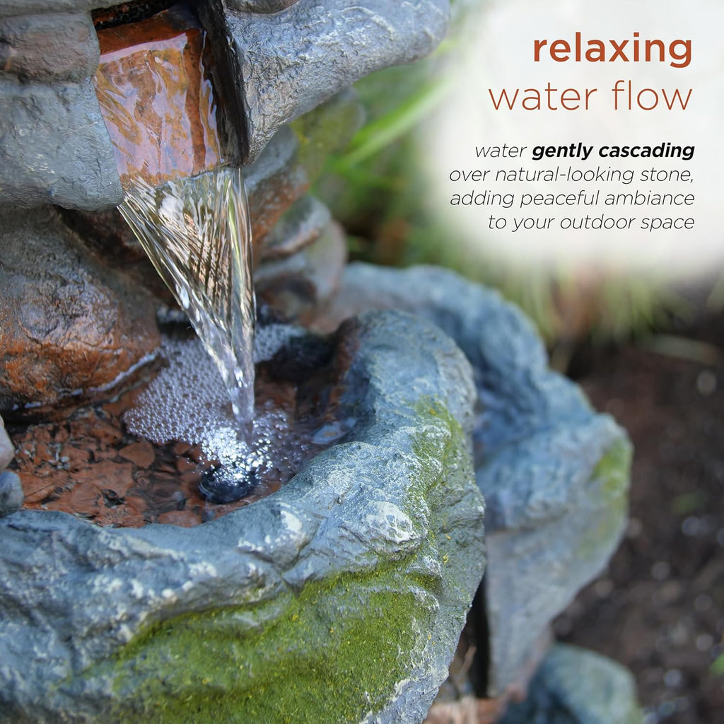 Alpine Corporation WIN582 22" Outdoor 3-Tier Rock Waterfall Fountain with LED Lights for Garden, Patio, Yard, and Porch Decor, Natural Stone Look, Gray