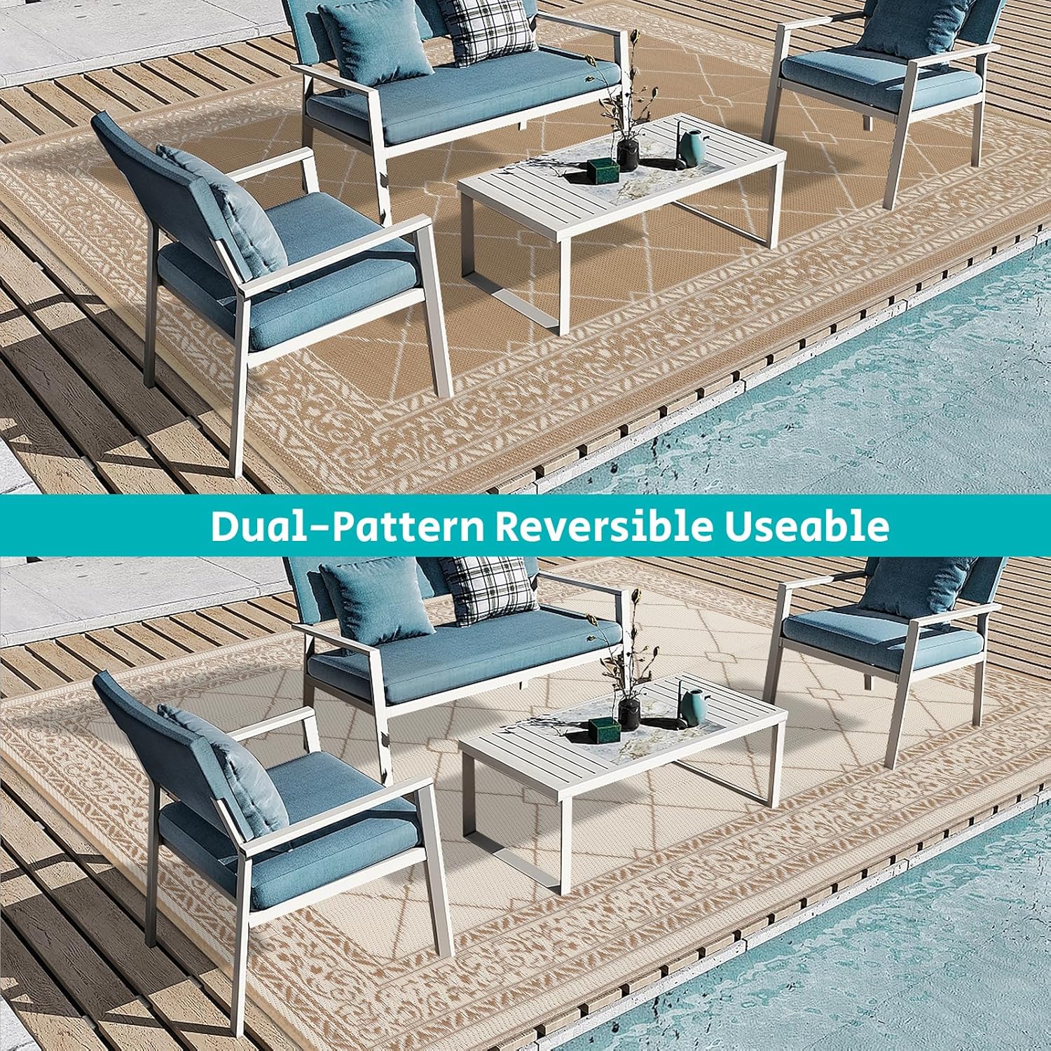 HEBE Outdoor Rug Waterproof 9x12, Reversible Plastic Straw Rug RV Camping Rug, Indoor Outdoor Patio Mat Clearance, Outside Carpet for Porch,Deck,Camper,Balcony,Backyard,Picnic