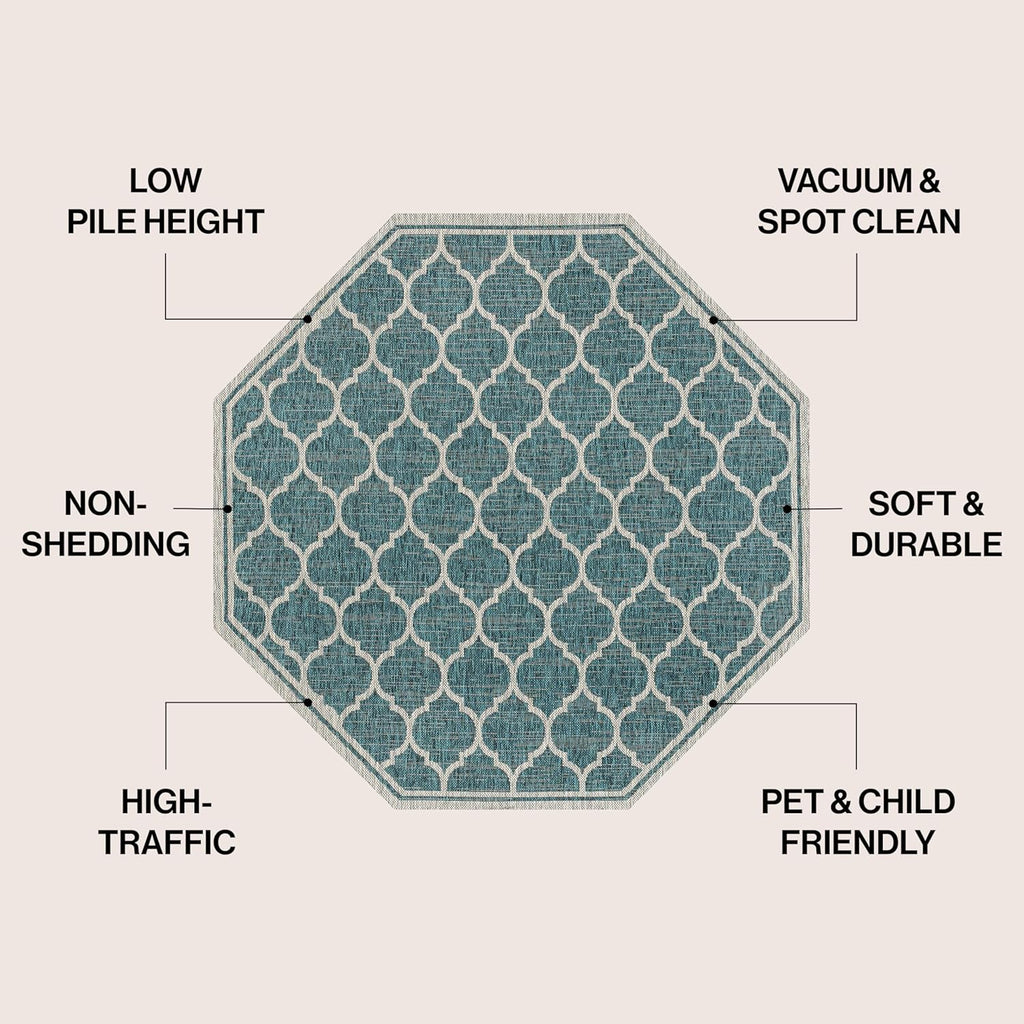 Eyely BMS109E-8TGN Trebol Moroccan Trellis Textured Weave Teal/Gray 8' Octagon Indoor/Outdoor Area Rug, Teal/Gray, 8' Octagon, Indoor/Outdoor, Area Rug