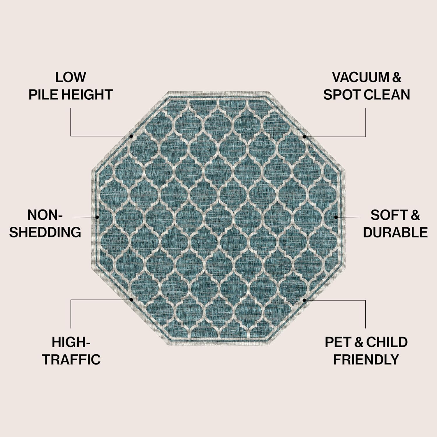 Eyely BMS109E-8TGN Trebol Moroccan Trellis Textured Weave Teal/Gray 8' Octagon Indoor/Outdoor Area Rug, Teal/Gray, 8' Octagon, Indoor/Outdoor, Area Rug