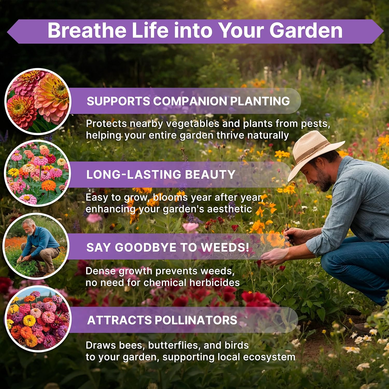 Zinnia Seeds Pack 1 oz - Over 3,800 Non-GMO Heirloom Zinnia Seeds for Planting, Annual Flowers in Individual Seed Packet, Flower Seed for Planting Home Garden Indoor & Outdoor Gardening