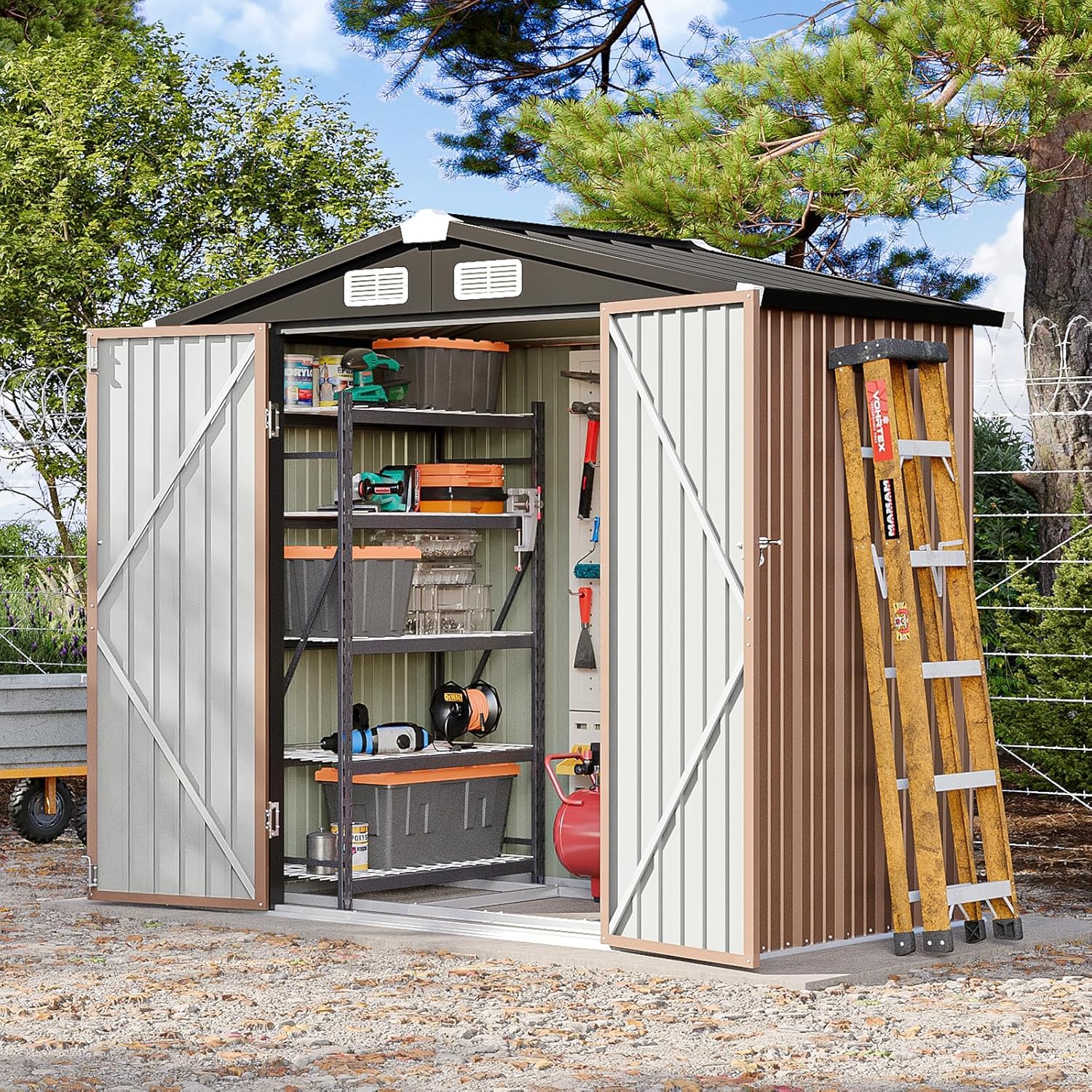 6x4 FT Outdoor Storage Shed with Base, Metal Garden Tool Shed with Sloping Roof & Lockable Door for Patio Lawn Backyard (Brown with Base)