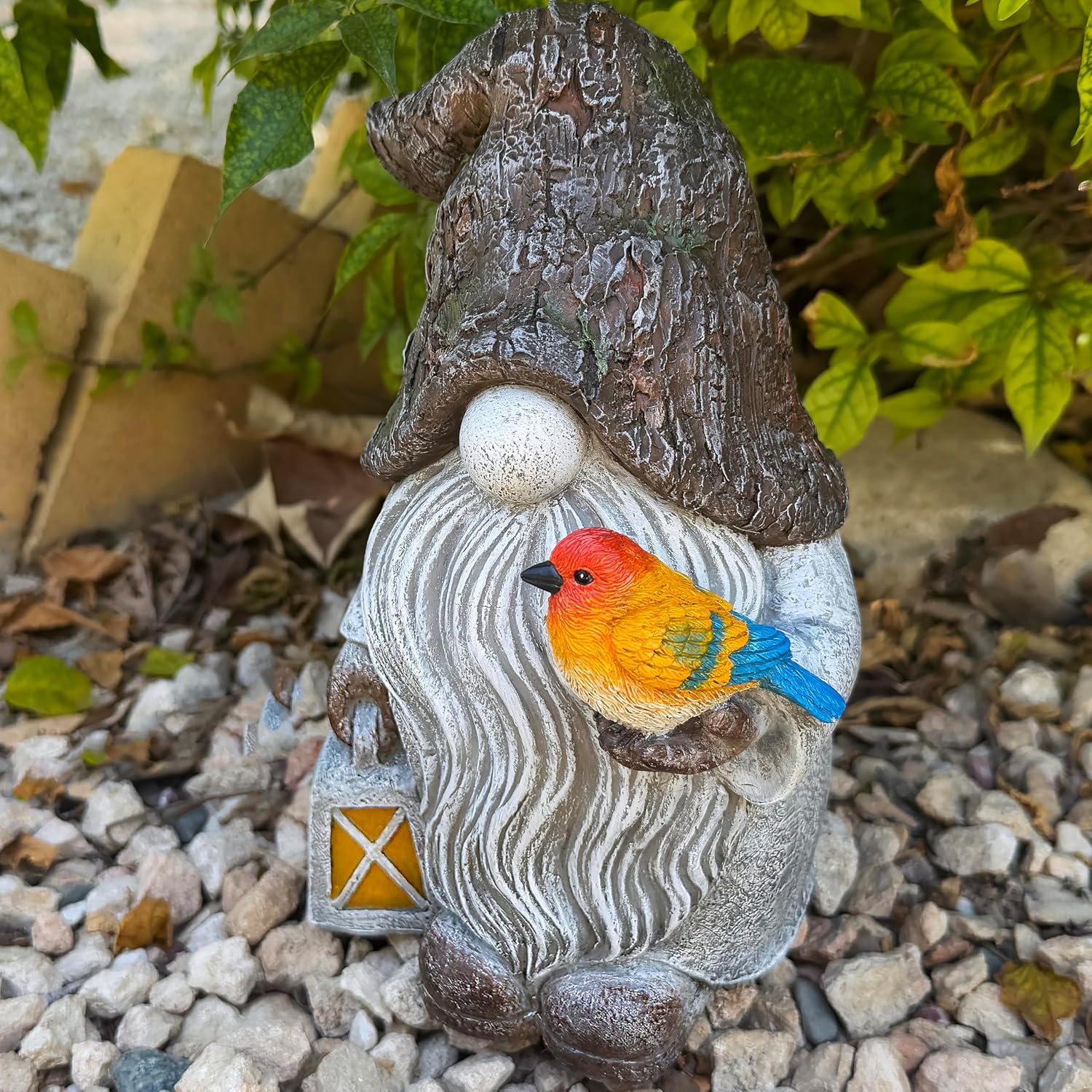 Mood Lab Garden Gnome - Stone Gnome Figurine - 9.1 Inch Tall Lawn Statue with Bird - for Outdoor or House Decor