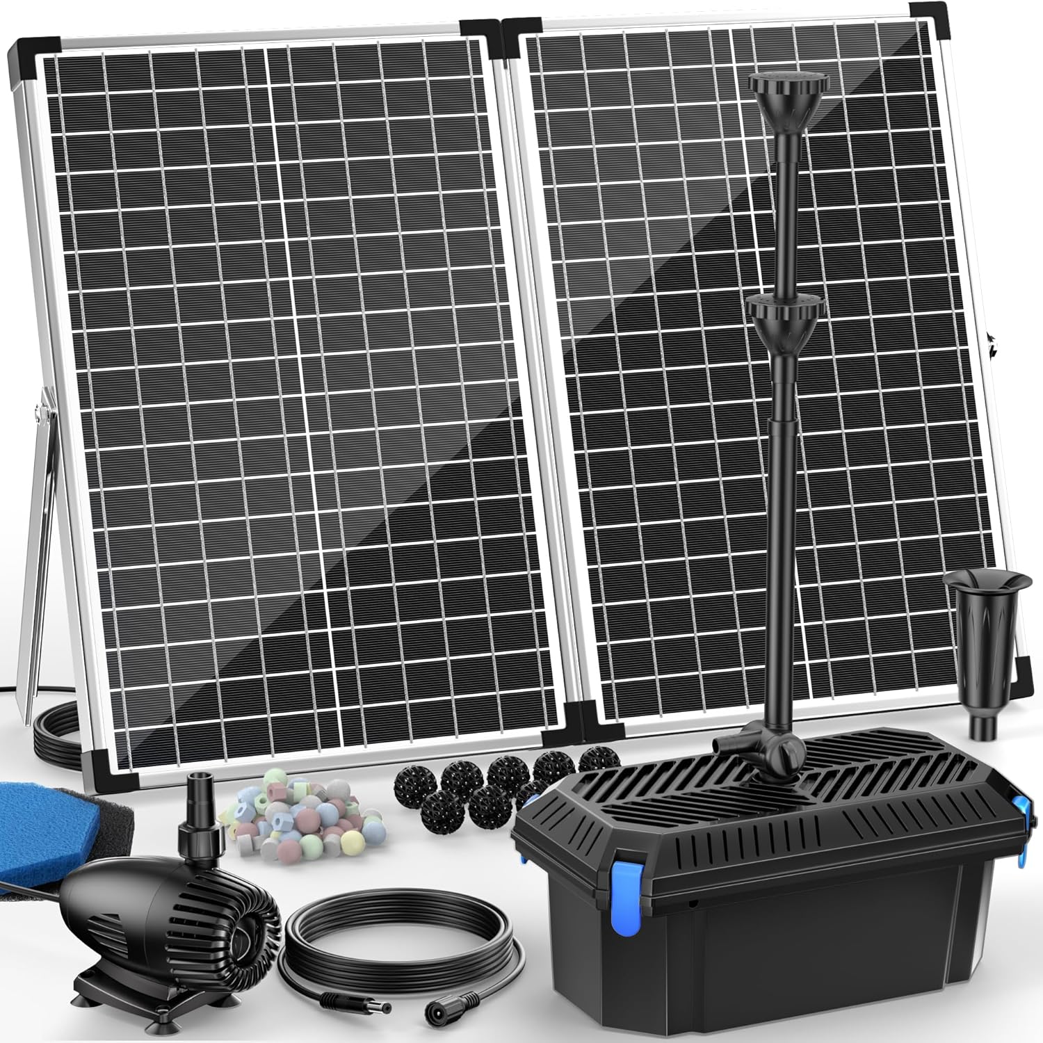 Antfraer 70W Solar Water Pump with Pond Filter, Solar Pond Pump with 16.5FT+10FT Cord & 6.6FT PVC Tubing for Fish Pond Pool Garden Waterfall Hydroponics DIY Water Features