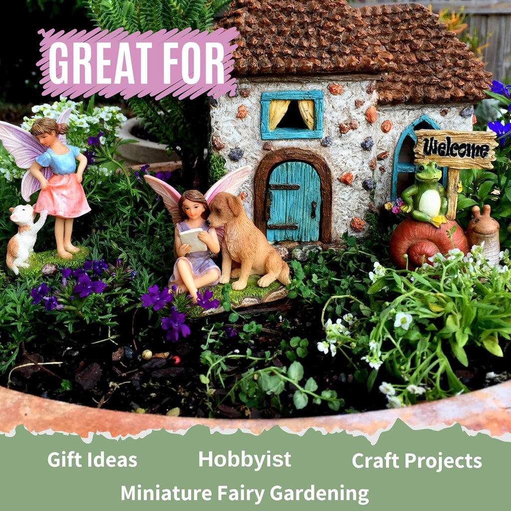 PRETMANNS Fairy House Kit - Fairy Garden Accessories for Outdoor Miniature Village Decor, with Fairies & Sign - House, 6.5' High & Door can Open Wide - 4 Piece Supplies