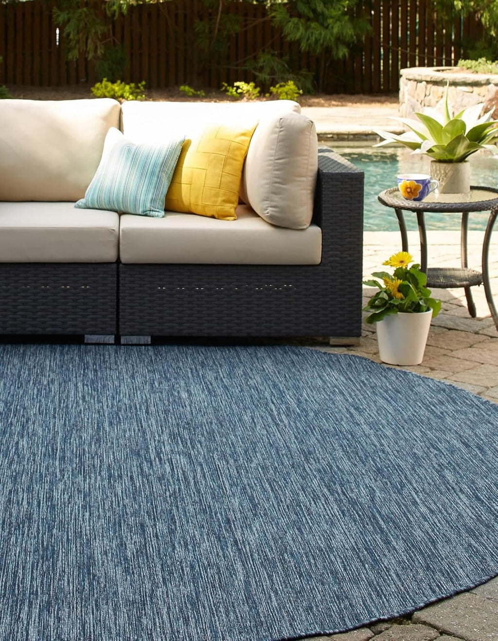 Unique Loom Collection Casual Transitional Solid Heathered Indoor/Outdoor Flatweave Area Rug (5' 1" Round, Blue/Navy Blue)