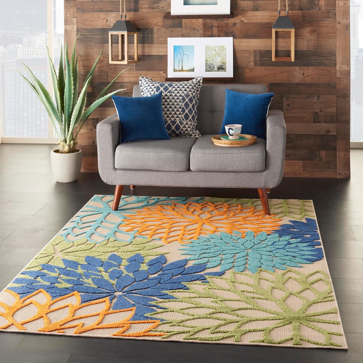 Nourison Aloha Indoor/Outdoor Multicolor 6' x 9' Area Rug, Easy Cleaning, Non Shedding, Bed Room, Living Room, Dining Room, Deck, Backyard, Patio (6x9)