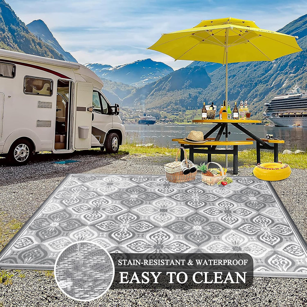Pauwer Waterproof Outdoor Rug 8x10, Reversible Plastic Straw Patio Camping Rug, Indoor Outdoor RV Mat Carpet for Deck, Camper, Porch, Balcony, Backyard, Picnic, Clover Grey