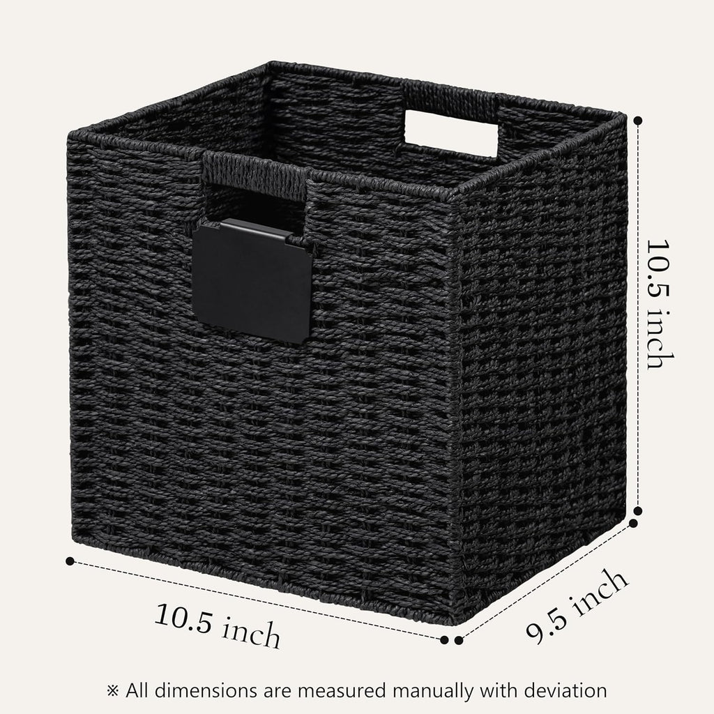 UBBCARE 2 Pack Wicker Basket, 10.5×10.5 Storage Cubes with Label, Foldable Cube Storage Bin with Handle, Square Storage Basket for Shelves, Woven Paper Rope Basket for Organizing, Black