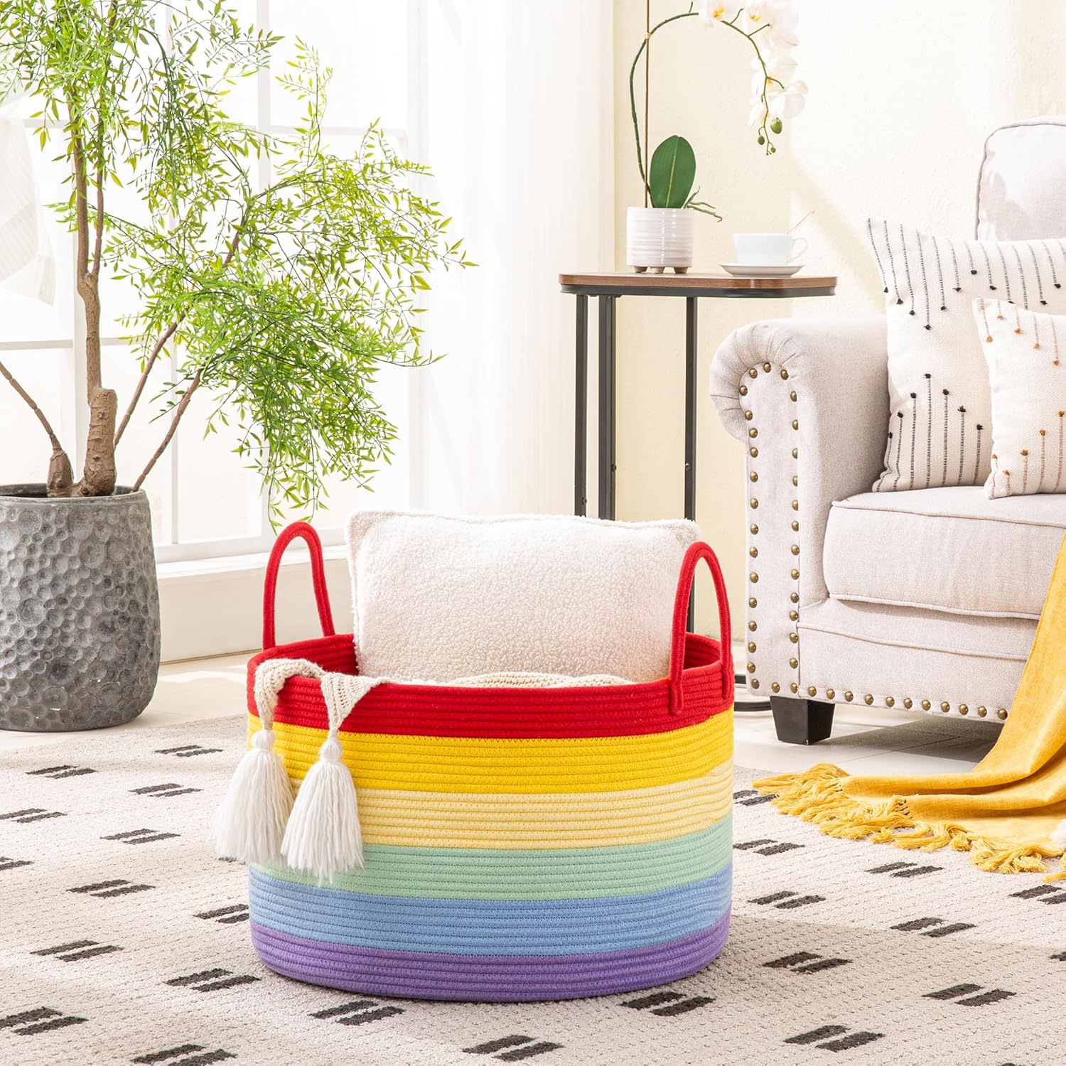 KAKAMAY Large Blanket Basket (20"x13"),Woven Baskets for storage Baby Laundry Hamper, Cotton Rope Blanket Basket for Living Room, Laundry, Nursery, Pillows, Baby Toy chest (Rainbow)