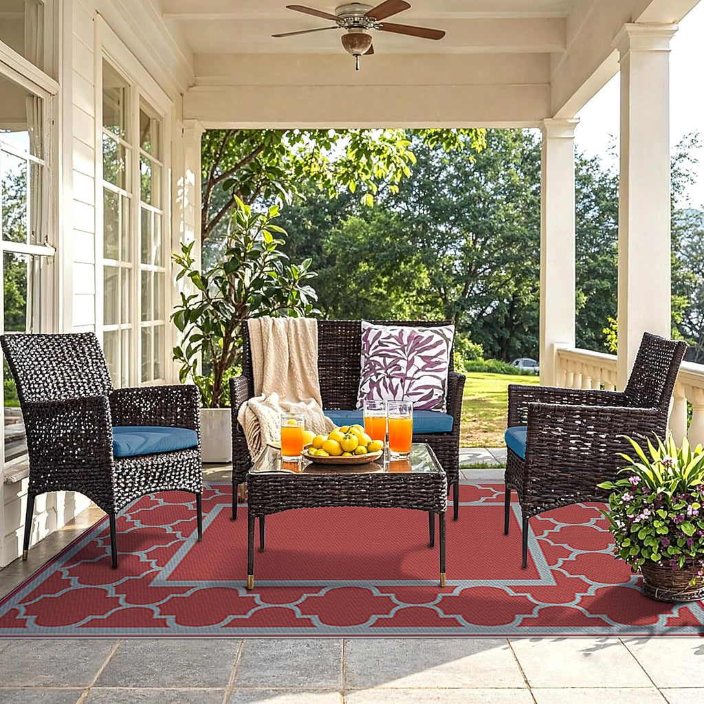 GENIMO 6' x 9' Outdoor Rug Waterproof for Patio Decor, Foldable Reversible Plastic Straw Area Rugs Mat for Camper, Outside Carpet for Rv, Deck, Porch, Picnic, Beach, Balcony, Red & Grey