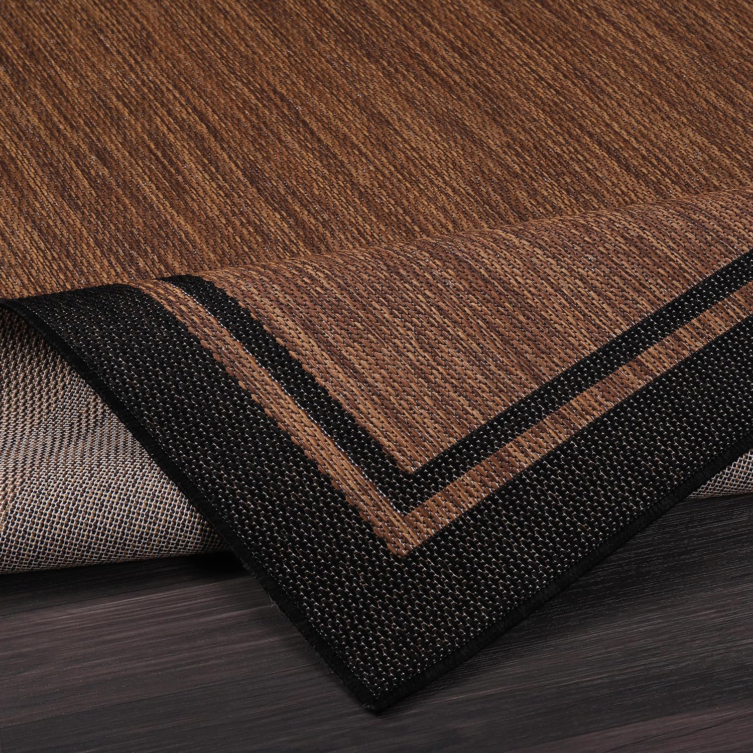 CAMILSON Indoor Outdoor Rug, 5x7 Bordered Nut Brown Black Modern Area Rugs for Indoor and Outdoor Patios, Kitchen and Hallway Mats, Washable Porch Deck Outside Carpet (Bordered Nut Brown Black, 5 x 7)