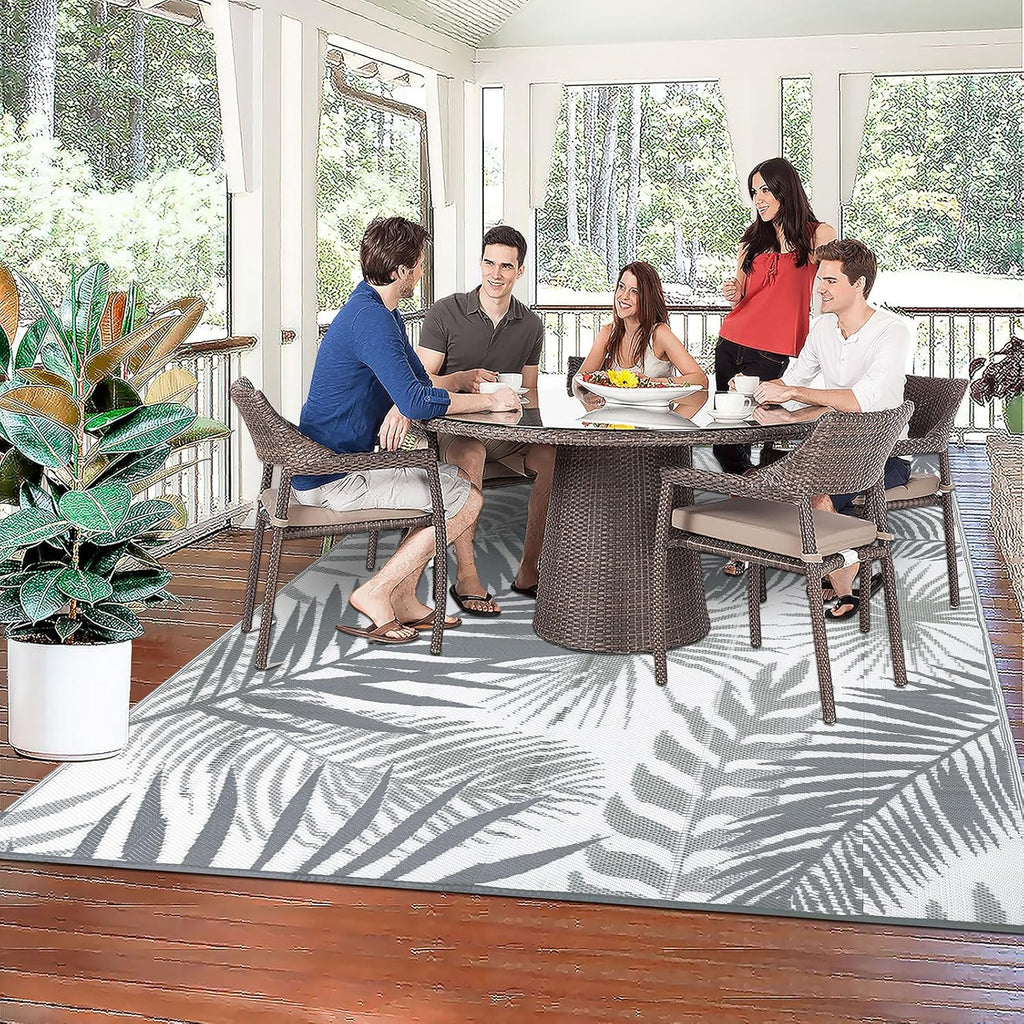 Outdoor Rug 10'x8' Waterproof for Patios Clearance, Reversible Outdoor Plastic Straw Rug Camping Carpet, Outside Floor Mats Large Area Rugs for RV,Patio,Deck,Porch,Beach,Balcony,Grey&White