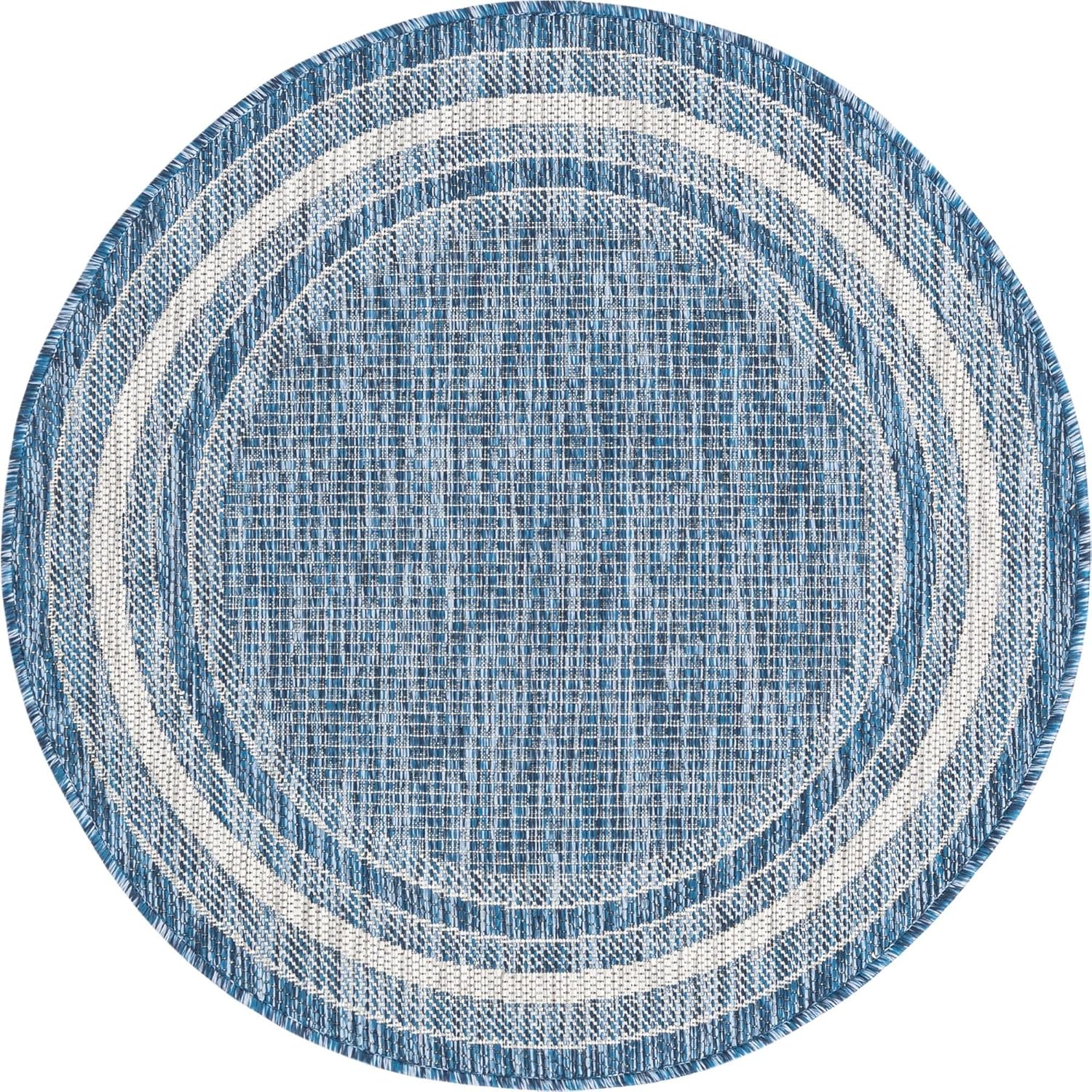 Unique Loom Outdoor Border Collection Area Rug - Soft Border (3' 1" Round, Blue/ Ivory)