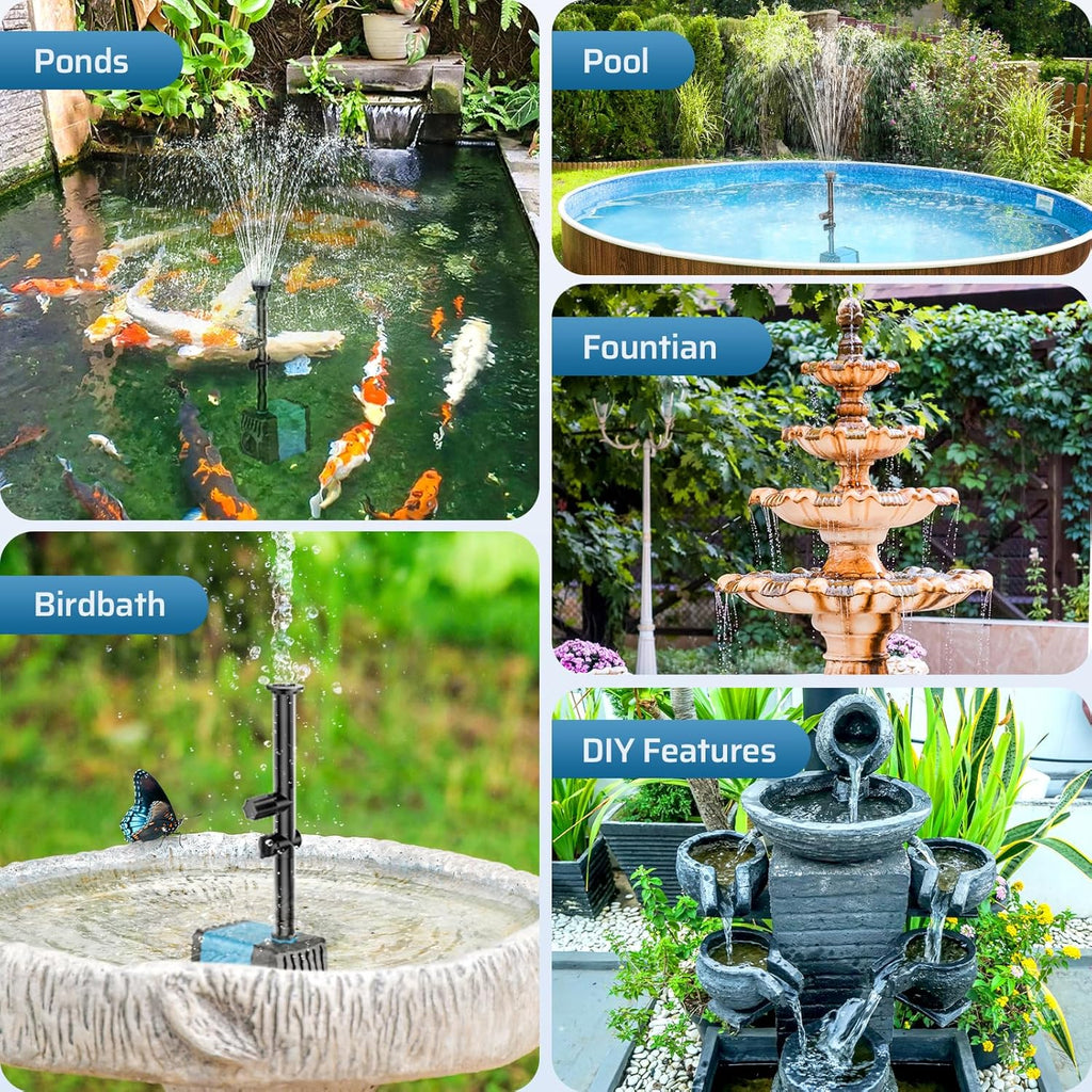 POPOSOAP 10W Solar Water Fountain Pump, Solar Powered Water Pump with 120GPH Fountain Pump, 4 Sprayers, 16.4ft Cable, 6.6ft Tubing for Outdoor Pond,Bird Bath,Fish Tank and Garden Water Features