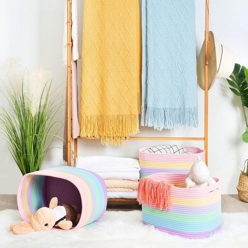 MINTWOOD Design Storage Basket for Shelves, Decorative Baskets for Organizing, Book Basket, Storage Cube Bin Box, Woven Closet Organizer, Pantry Closet and Shoe Basket, Pastel Rainbow