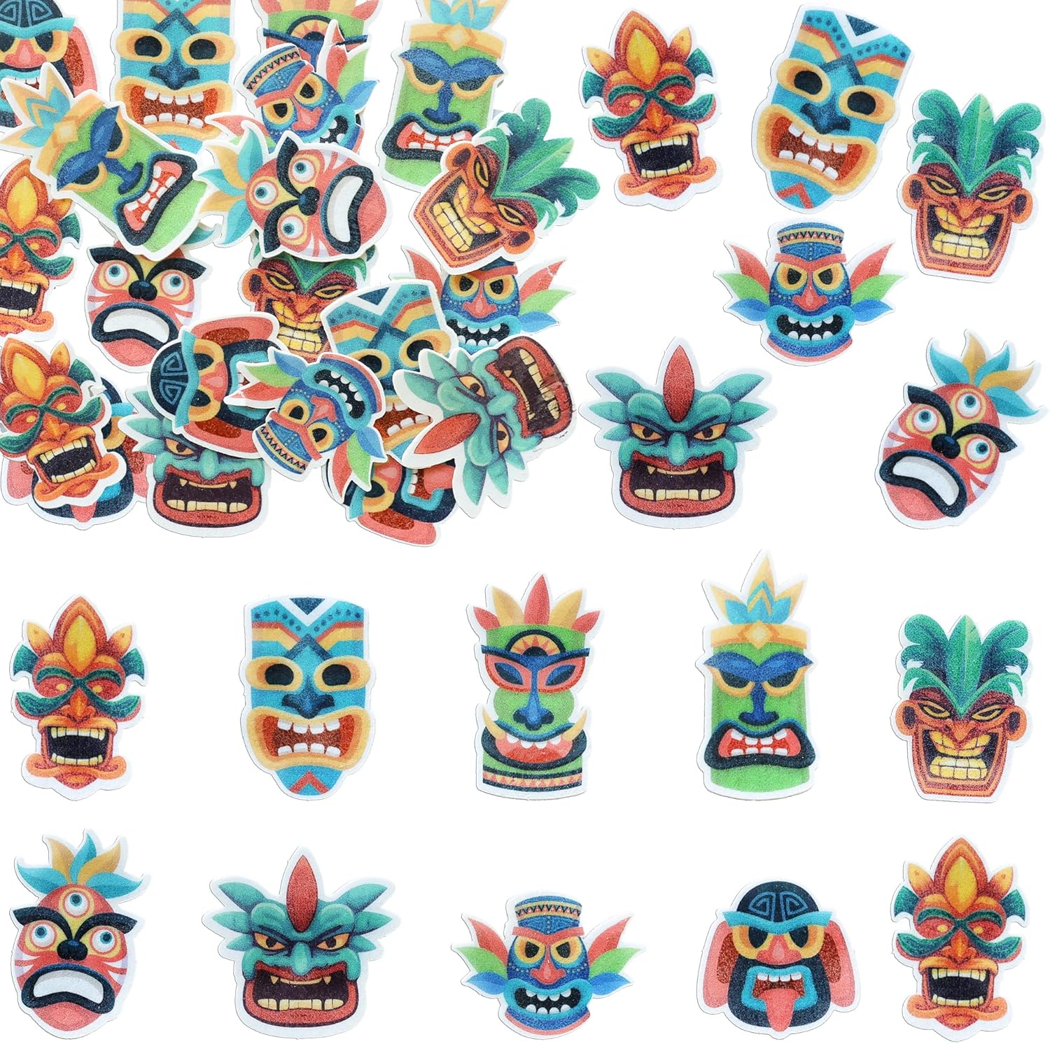 Ephlyn 54Pcs Edible Tiki Tribal Masks Cupcake Toppers Wafer Paper Hawaiian Tropical Tiki Totem Cupcake Picks Summer Aloha Birthday Cupcake Decorations Party Supplies Multicolor
