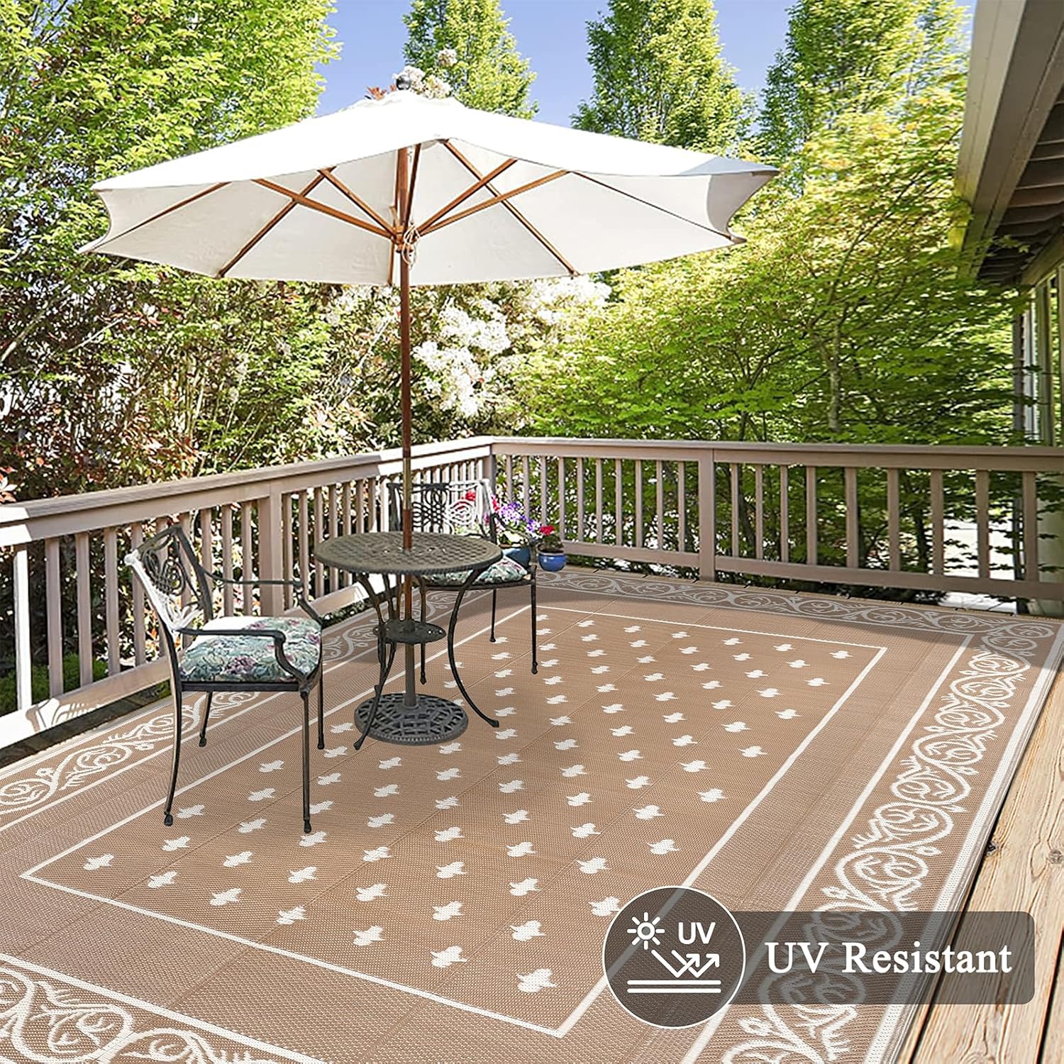 Pauwer Waterproof Outdoor Rug 9x12, Reversible Plastic Straw Patio Camping Rug, Indoor Outdoor RV Mat Carpet for Deck, Camper, Porch, Balcony, Backyard, Picnic, Bordered Beige