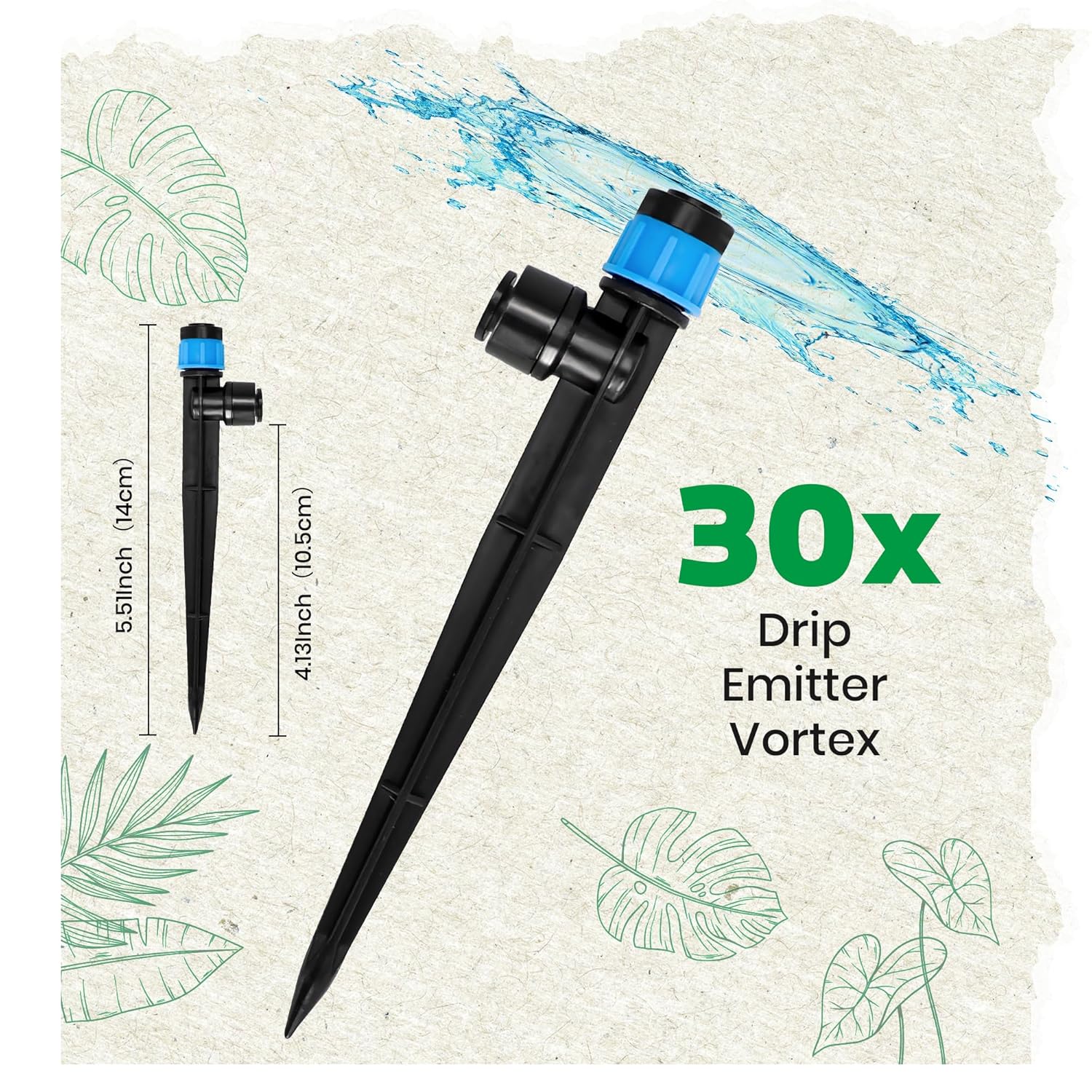 MIXC 30pcs Quick-Connect Drip Irrigation Emitters Fan Shape for 1/4" Drip Irrigation Tubing - Adjustable Push-to-Connect 360° Drip Emitters Vortex on 6" Sturdy Stake for Irrigation System