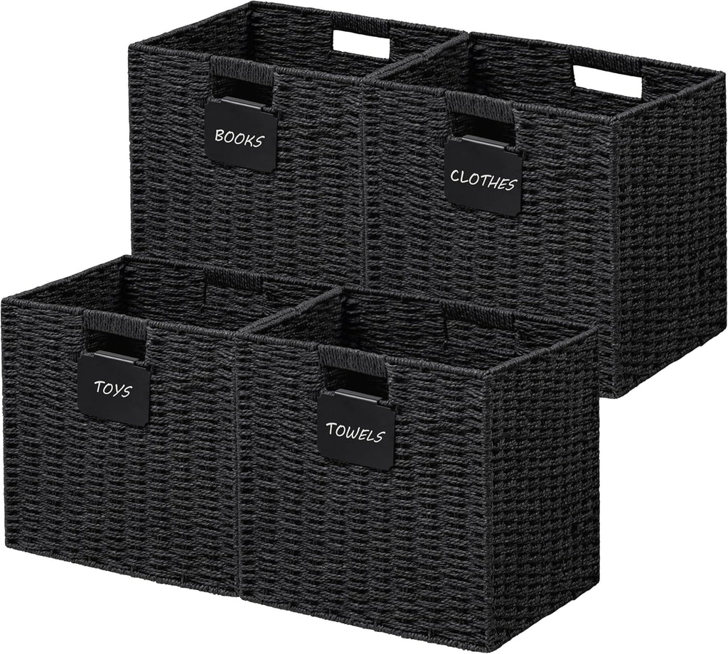 UBBCARE 4 Pack Wicker Basket, 10.5×10.5 Storage Cubes with Label, Foldable Cube Storage Bin with Handle, Square Storage Basket for Shelves, Woven Paper Rope Basket for Organizing, Black