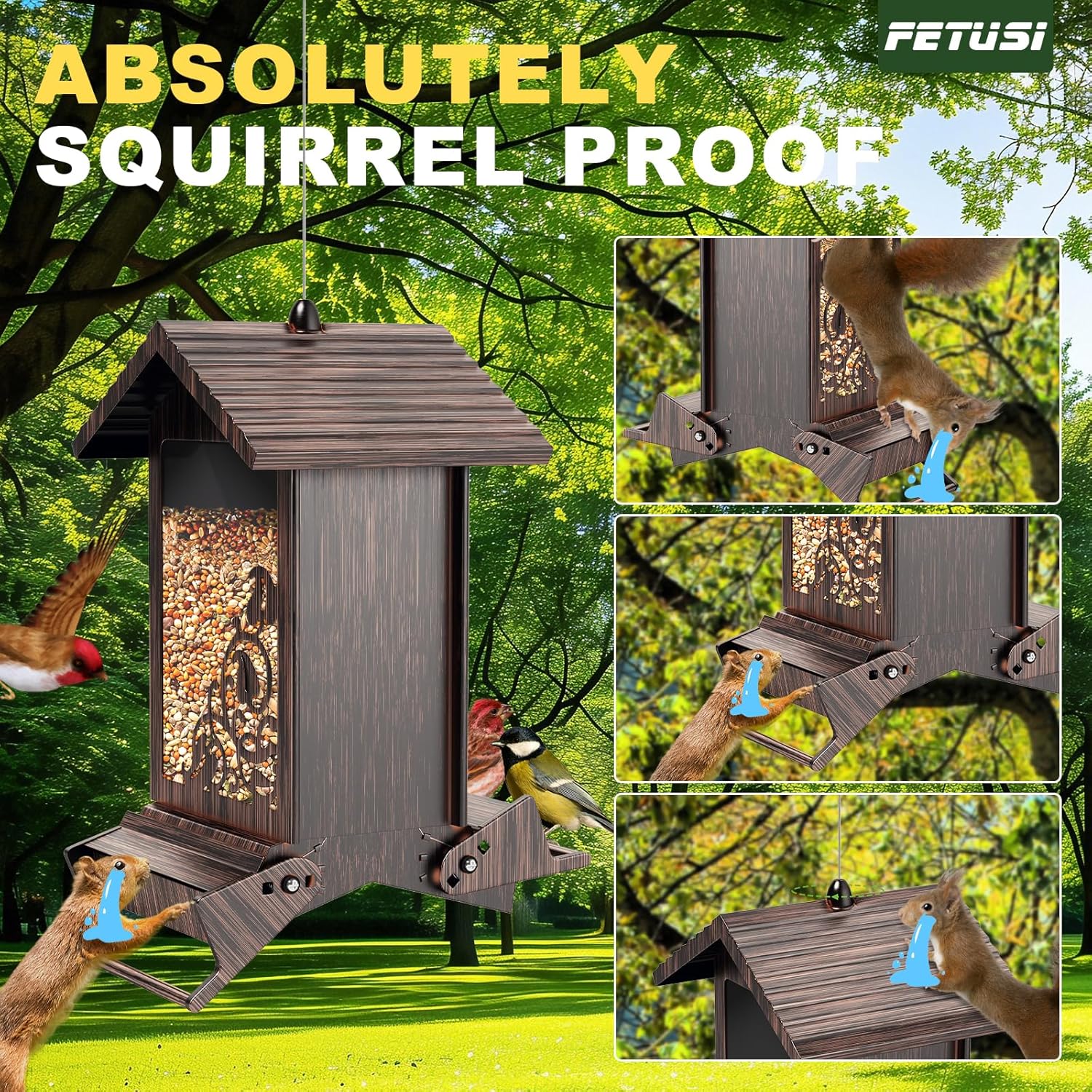Squirrel Proof Bird Feeder for Outdoor Hanging,Metal Bird Seed Feeder with Bilateral Weight Activated Perches,5LB Large Capacity Wild Bird Feeders for Outside,Easy Refill and Clean,Brown