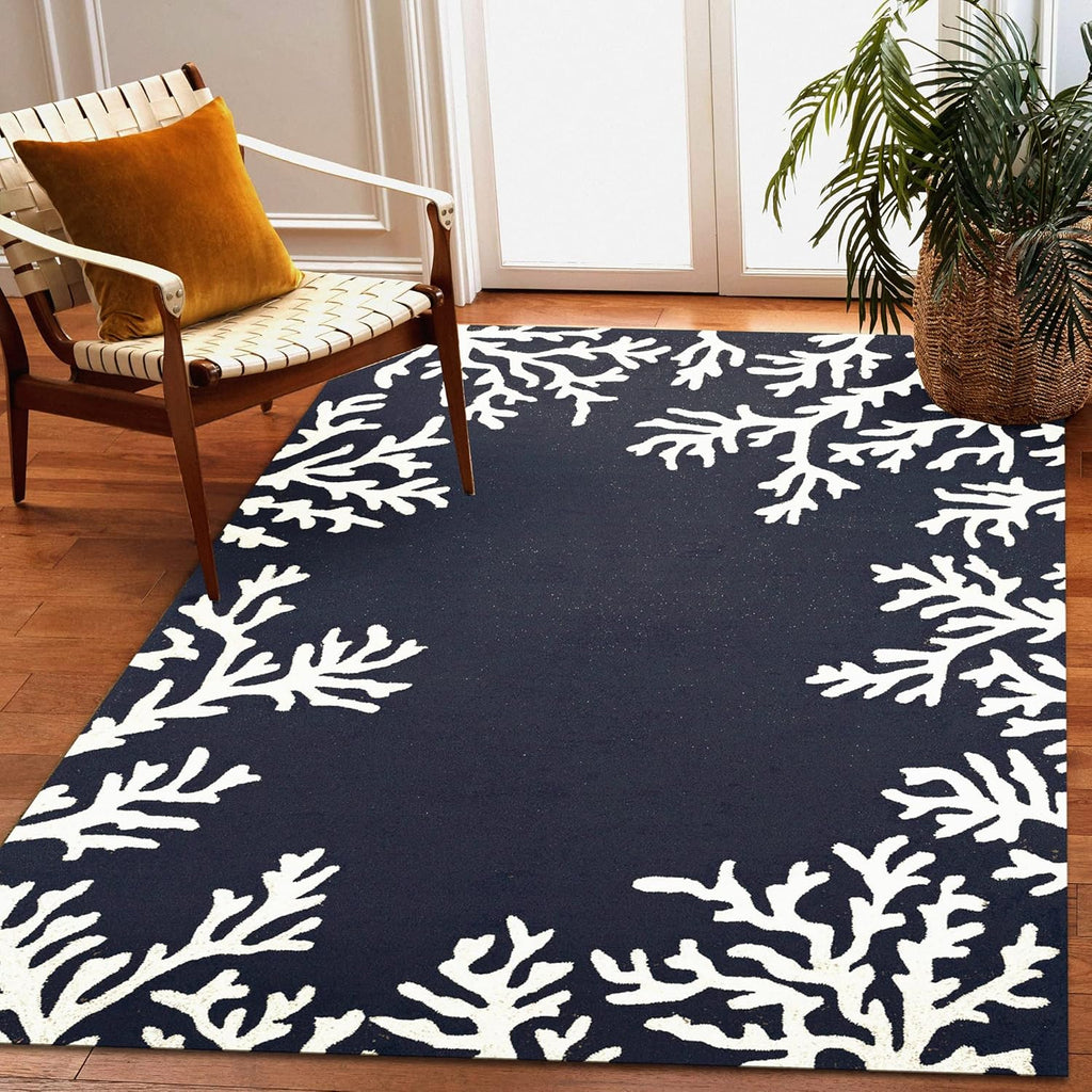 Liora Manne Capri Coastal Coral Border Navy Indoor/Outdoor Rug, 3'6" x 5'6'