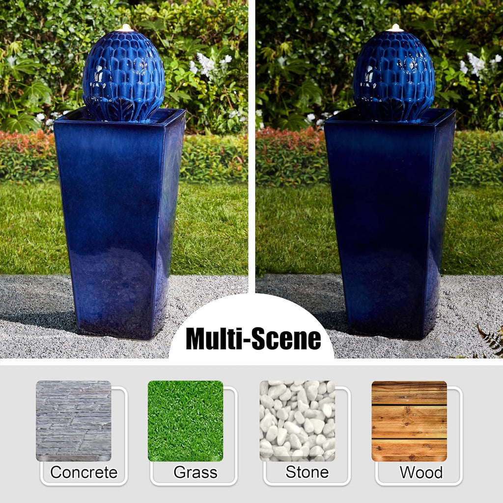 Glitzhome Ceramic Outdoor Water Fountain with LED Light, Oversized Artichoke Pedestal Water Fountains with Submersible Pump, Patio Fountain Waterfall for Garden Patio Deck Porch, Cobalt Blue, 35.75" H