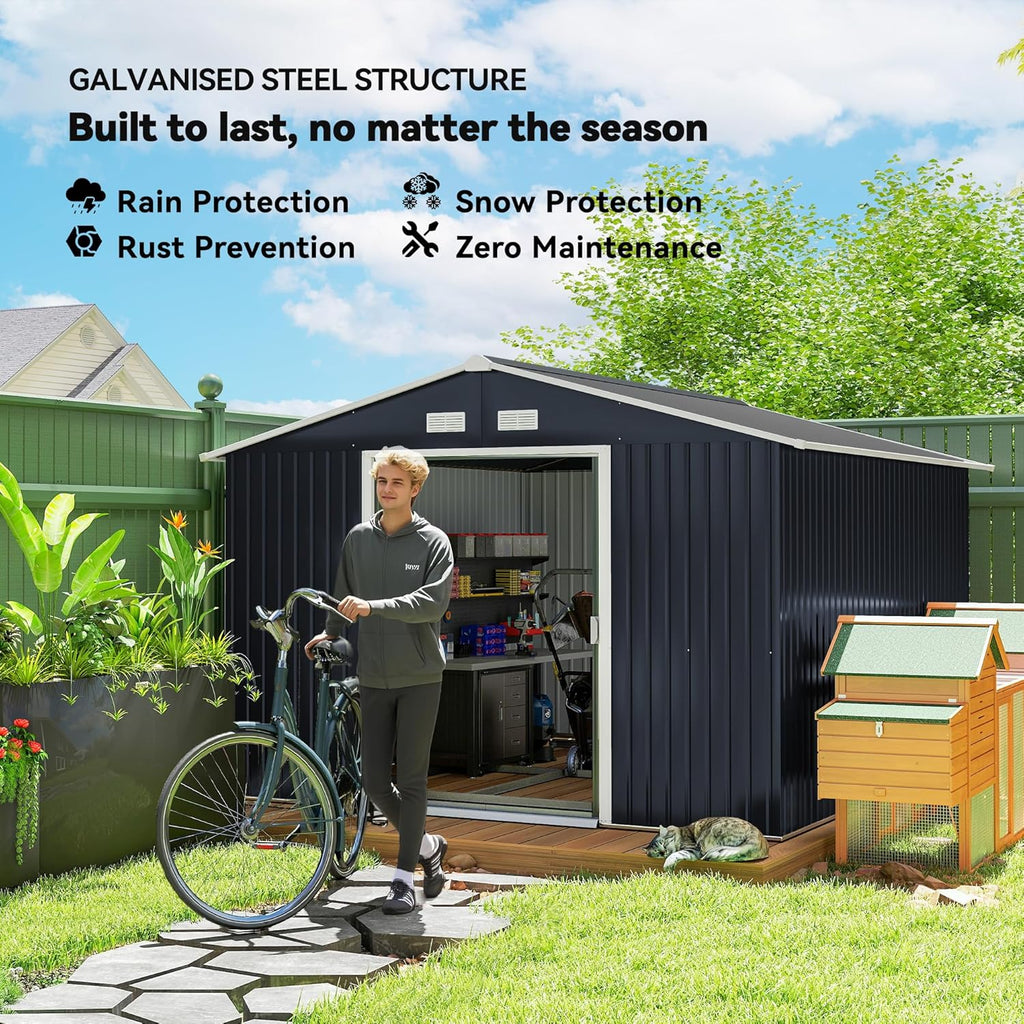 Outsunny 11' x 9' Outdoor Storage Shed, Garden Tool Metal Shed with Foundation Kit, Double Lockable Door, Air Vents and Sloping Roof, for Backyard, Patio, Lawn, Dark Gray