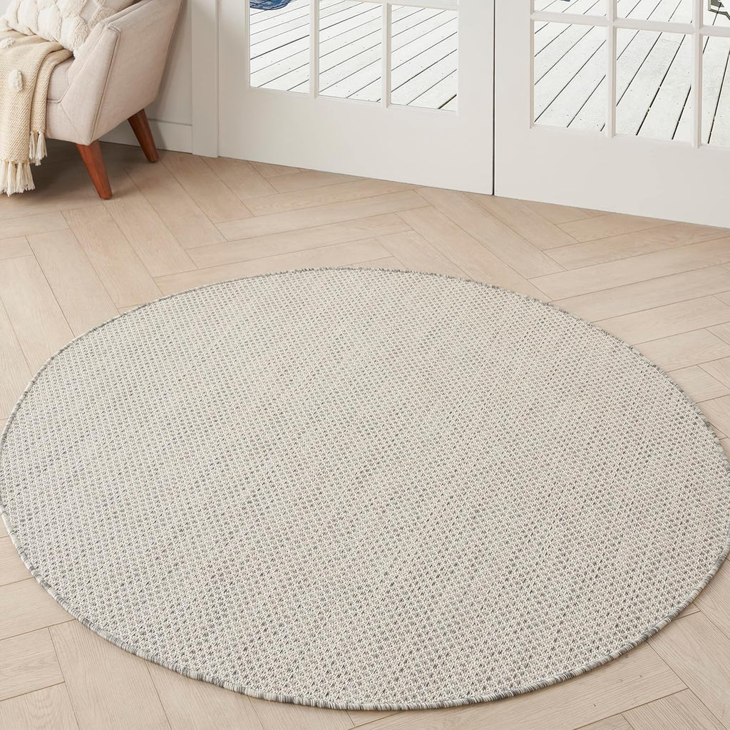 Nourison Home Courtyard Indoor/Outdoor Ivory/Silver 4' x Round Area Rug, Easy Cleaning, Non Shedding, Bed Room, Living Room, Dining Room, Backyard, Deck, Patio (4 Round)