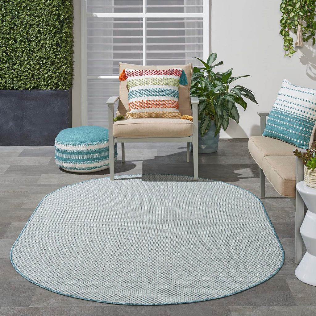 Nourison Home Courtyard Indoor/Outdoor Ivory/Aqua 5' x 8' Oval Area Rug, Easy Cleaning, Non Shedding, Bed Room, Living Room, Dining Room, Backyard, Deck, Patio (5x8 Oval)