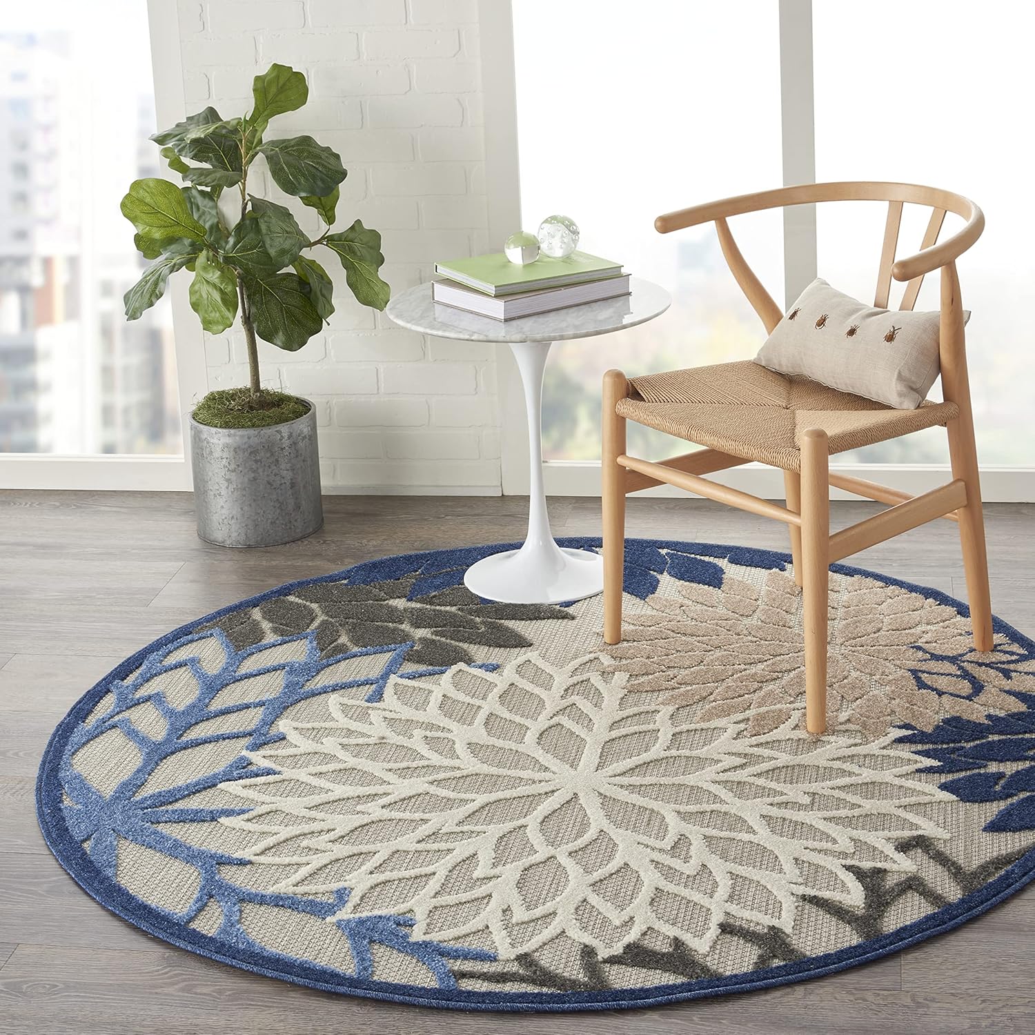 Nourison Aloha Indoor/Outdoor Blue/Multicolor 5'3" x Round Area Rug, Tropical, Botanical, Easy Cleaning, Non Shedding, Bed Room, Living Room, Dining Room, Deck, Backyard, Patio (5 Round)